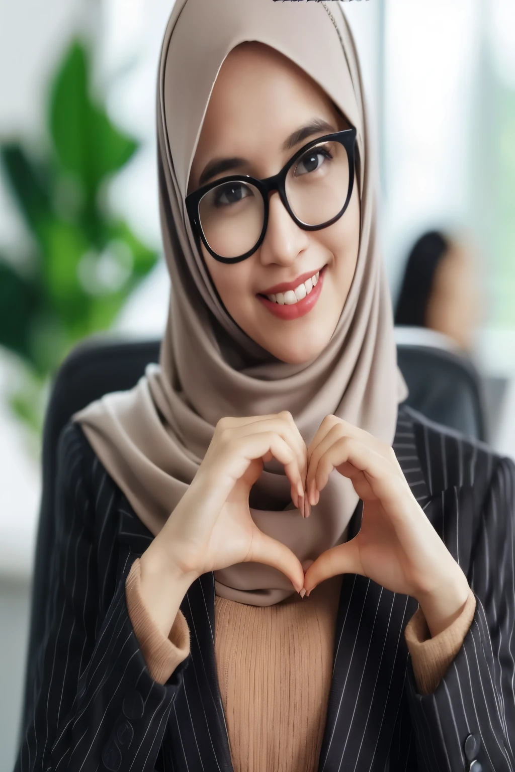 woman in hijab making a heart with her hands, portrait shot, cute woman, lovely woman, hijab, high quality portrait, captured on canon eos r 6, wonderful, with square glasses, small heart - shaped face, with glasses, professional, muslim, girl with glasses, wearing a suit and glasses, full heart - shaped face, amazing professional picture