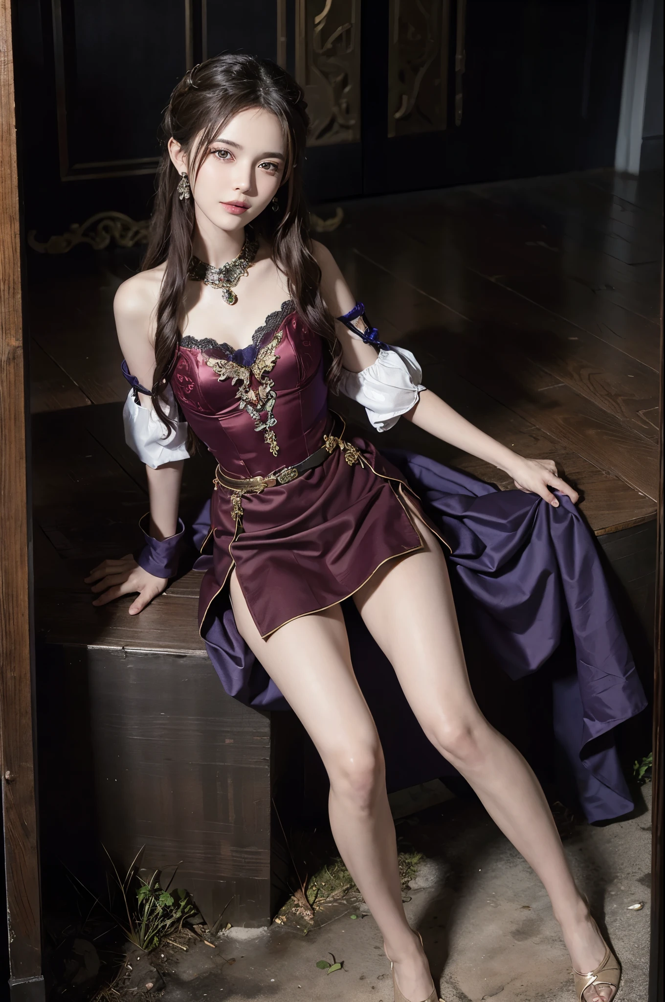 ((best quality, 8K, masterpiece:1.4)), (25 year old woman), ((very small face:1.3)), Highly detailed face and skin texture, detailed eyes, fantasy outfit, short skirt, fantasy style clothing, fantasy gown, Cherry-colored silk, Colorful and rich fantasy clothing, wearing fantastic clothes, dreamy style, A gorgeously flowing gown, beautiful legs, she looks straight ahead, beautiful smile, Short fantasy skirt that shows legs,