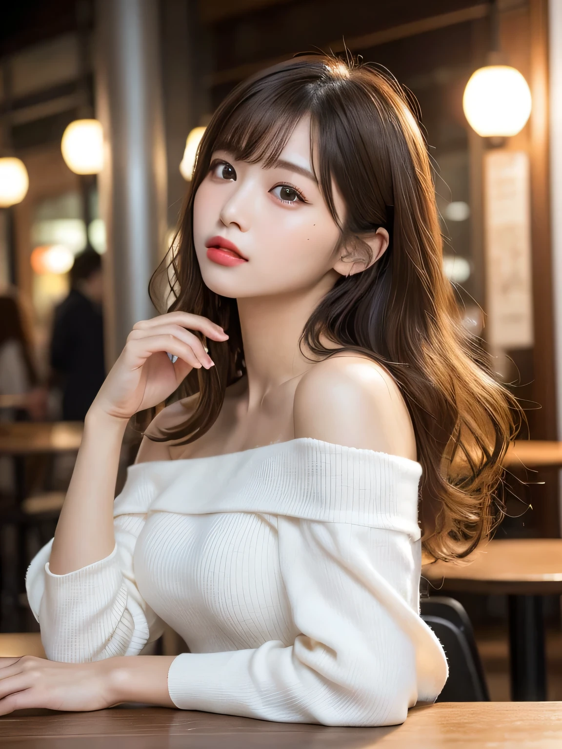 on the table, best quality, illustration, super detailed, Exquisite details, high resolution, 8k wallpaper, Perfect dynamic composition, 美丽exquisite eyes, tight dress, medium hair,Brown hair color ,small breasts, Natural lip color, Casual and sexy pose,Random situation,slender figure,face slimming,A kind of rapturous feeling,Have a feminine face,A face trembling with serious sex,sexy face, (on the table:1.3), high resolution, super detailed, the Extremely Detailed CG Unity 8k wallpapers, actual, realism, original photo, Beautiful and delicate face, pale skin, Realistic shiny skin, Detailed fabric texture, Detailed hair texture, Perfect body, pretty face, precise, anatomically correct, Highly detailed facial and skin textures, natural neck length, (beautiful hands), (White skin:1.2), thin legs, thin feet,
rest,
exquisite eyes, symmetrical eyes, light brown eyes, double eyelids, Thin eyebrows, (glossy lips:1.4), ((Waiting for a kiss:1.2)), (blush:1.1),
rest,
(优雅又charming女孩:1.3), (Wearing an off-shoulder white shirt,Elegant and classy), (Orange flared skirt:1.2),
medium breasts, (slender figure:1.1), strong abdominal muscles, Beautifulcollarbone,
(Deep blonde, curls, long hair:1.3), ((asymmetrical bangs:1.2)), (upper body shot:1.2), looking at the audience, (from above:0.65),
rest,
((stand close to me、hand forward:1.3)), (She said I would wait in front of the station at ten o'clock'bell),
(in a coffee shop), ((Fashionable shops on Qingshan Street)),KPOP idol face,charming,night