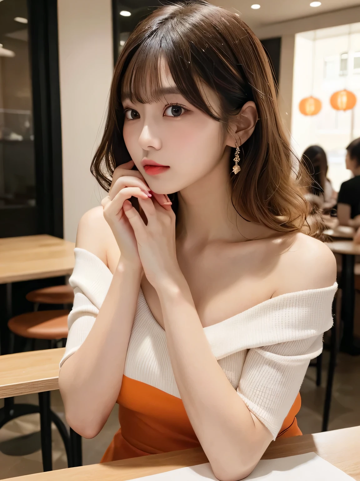 on the table, best quality, illustration, super detailed, Exquisite details, high resolution, 8k wallpaper, Perfect dynamic composition, 美丽exquisite eyes, tight dress, medium hair,Brown hair color ,small breasts, Natural lip color, Casual and sexy pose,Random situation,slender figure,face slimming,A kind of rapturous feeling,Have a feminine face,A face trembling with serious sex,sexy face, (on the table:1.3), high resolution, super detailed, the Extremely Detailed CG Unity 8k wallpapers, actual, realism, original photo, Beautiful and delicate face, pale skin, Realistic shiny skin, Detailed fabric texture, Detailed hair texture, Perfect body, pretty face, precise, anatomically correct, Highly detailed facial and skin textures, natural neck length, (beautiful hands), (White skin:1.2), thin legs, thin feet, rest, exquisite eyes, symmetrical eyes, light brown eyes, double eyelids, Thin eyebrows, (glossy lips:1.4), ((Waiting for a kiss:1.2)), (blush:1.1), rest, (优雅又charming女孩:1.3), (Wearing an off-shoulder white shirt,Elegant and classy), (Orange flared skirt:1.2), medium breasts, (slender figure:1.1), strong abdominal muscles, Beautifulcollarbone, (Deep blonde, curls, long hair:1.3), ((asymmetrical bangs:1.2)), (upper body shot:1.2), looking at the audience, (from above:0.65), rest, ((stand close to me、hand forward:1.3)), (She said I would wait in front of the station at ten o'clock'bell), (in a coffee shop), ((Fashionable shops on Qingshan Street)),KPOP idol face,charming,night