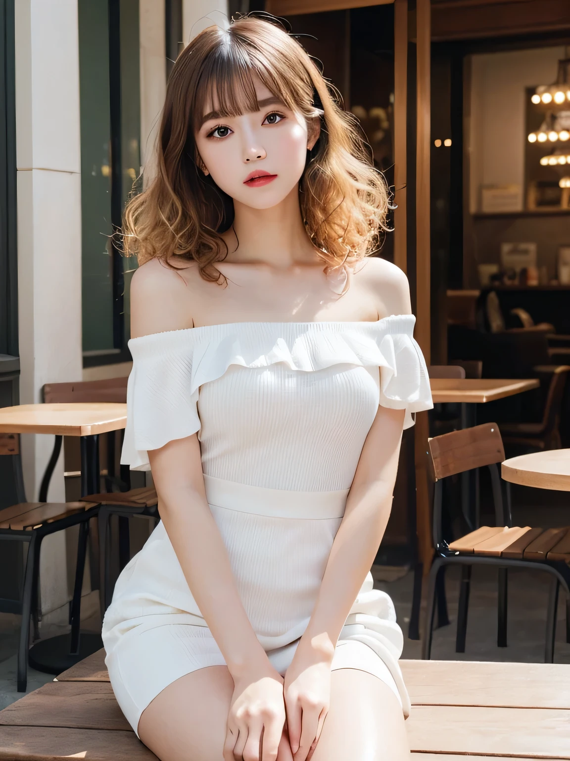 on the table, best quality, illustration, super detailed, Exquisite details, high resolution, 8k wallpaper, Perfect dynamic composition, 美丽exquisite eyes, tight dress, medium hair,Brown hair color ,small breasts, Natural lip color, Casual and sexy pose,Random situation,slender figure,face slimming,A kind of rapturous feeling,Have a feminine face,A face trembling with serious sex,sexy face, (on the table:1.3), high resolution, super detailed, the Extremely Detailed CG Unity 8k wallpapers, actual, realism, original photo, Beautiful and delicate face, pale skin, Realistic shiny skin, Detailed fabric texture, Detailed hair texture, Perfect body, pretty face, precise, anatomically correct, Highly detailed facial and skin textures, natural neck length, (beautiful hands), (White skin:1.2), thin legs, thin feet, rest, exquisite eyes, symmetrical eyes, light brown eyes, double eyelids, Thin eyebrows, (glossy lips:1.4), ((Waiting for a kiss:1.2)), (blush:1.1), rest, (优雅又charming女孩:1.3), (Wearing an off-shoulder white shirt,Elegant and classy), (Orange flared skirt:1.2), medium breasts, (slender figure:1.1), strong abdominal muscles, Beautifulcollarbone, (Deep blonde, curls, long hair:1.3), ((asymmetrical bangs:1.2)), (upper body shot:1.2), looking at the audience, (from above:0.65), rest, ((stand close to me、hand forward:1.3)), (She said I would wait in front of the station at ten o'clock'bell), (in a coffee shop), ((Fashionable shops on Qingshan Street)),KPOP idol face,charming,night
