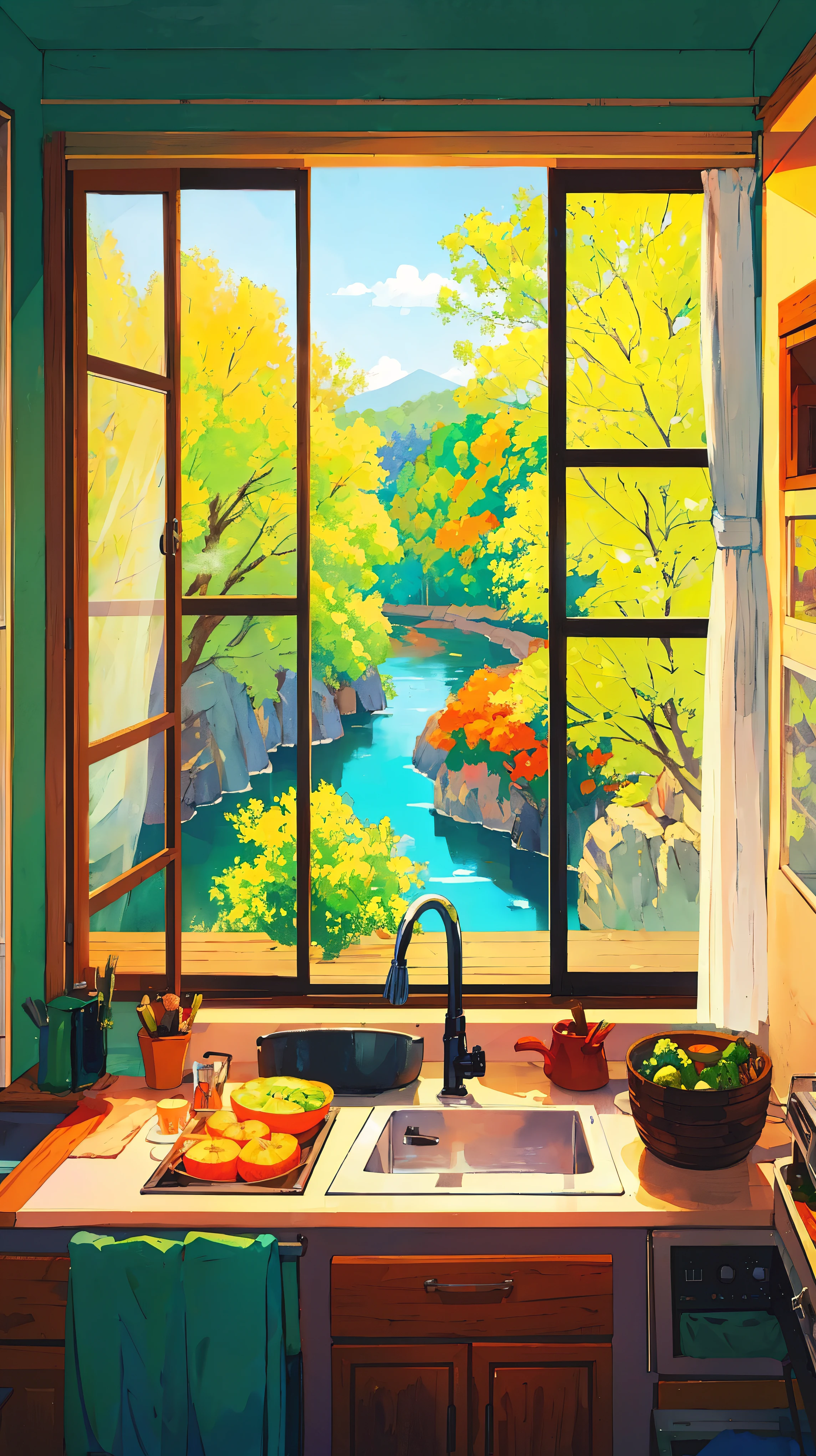 Show full Kitchen with vegetables, river and tree view from window, vibrant colors, sparkling, highly detailed, highly sharpened, masterpiece quality