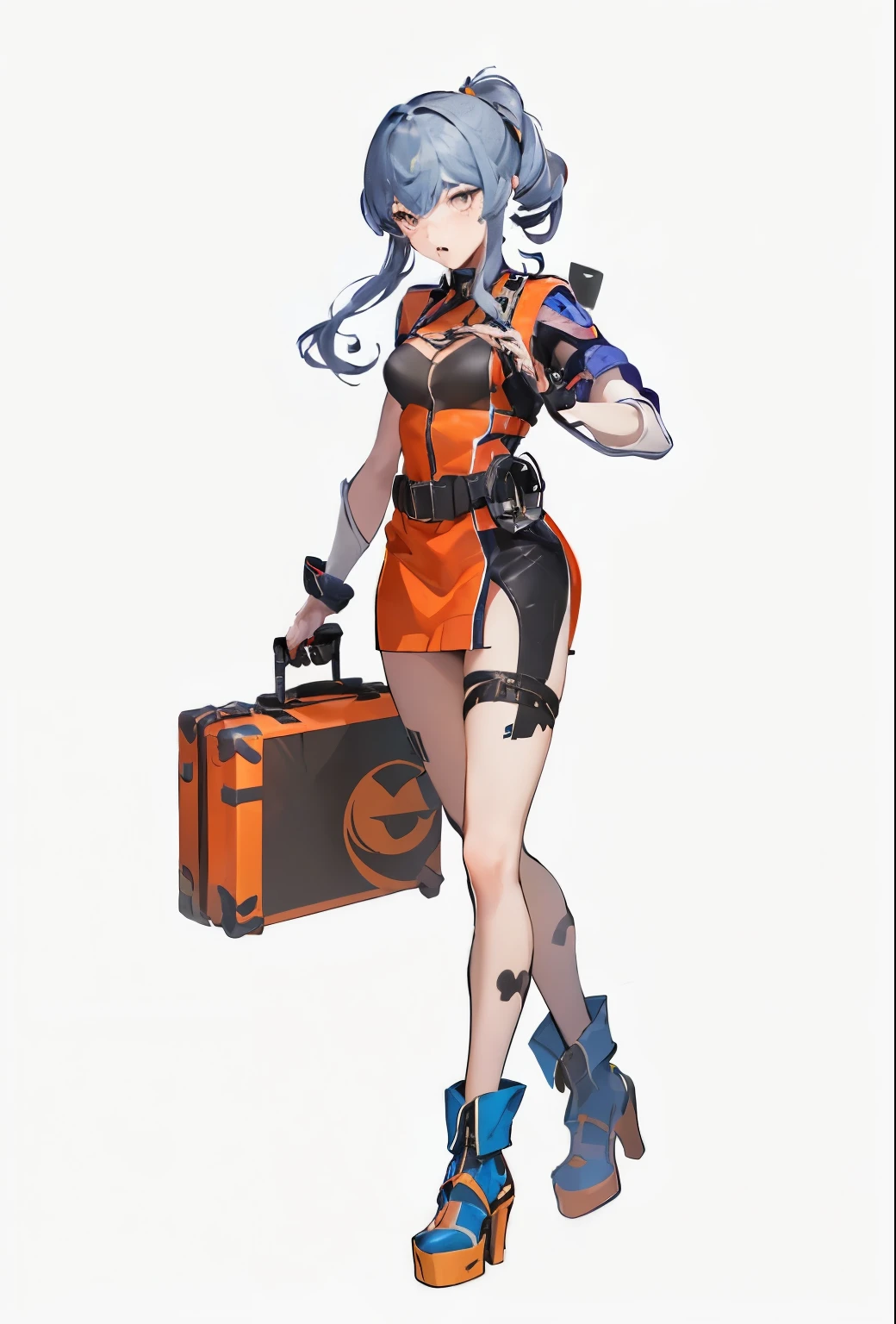 Close-up of a man holding a suitcase and mobile phone, Complete portrait of the Electric Mage, official character art, katana zero video game character, kushat krentz critical art women, fleet collection style, Mechanized female soldier, Kushat Kenzi, heroine 👀 :8, star finder role, teal and orange