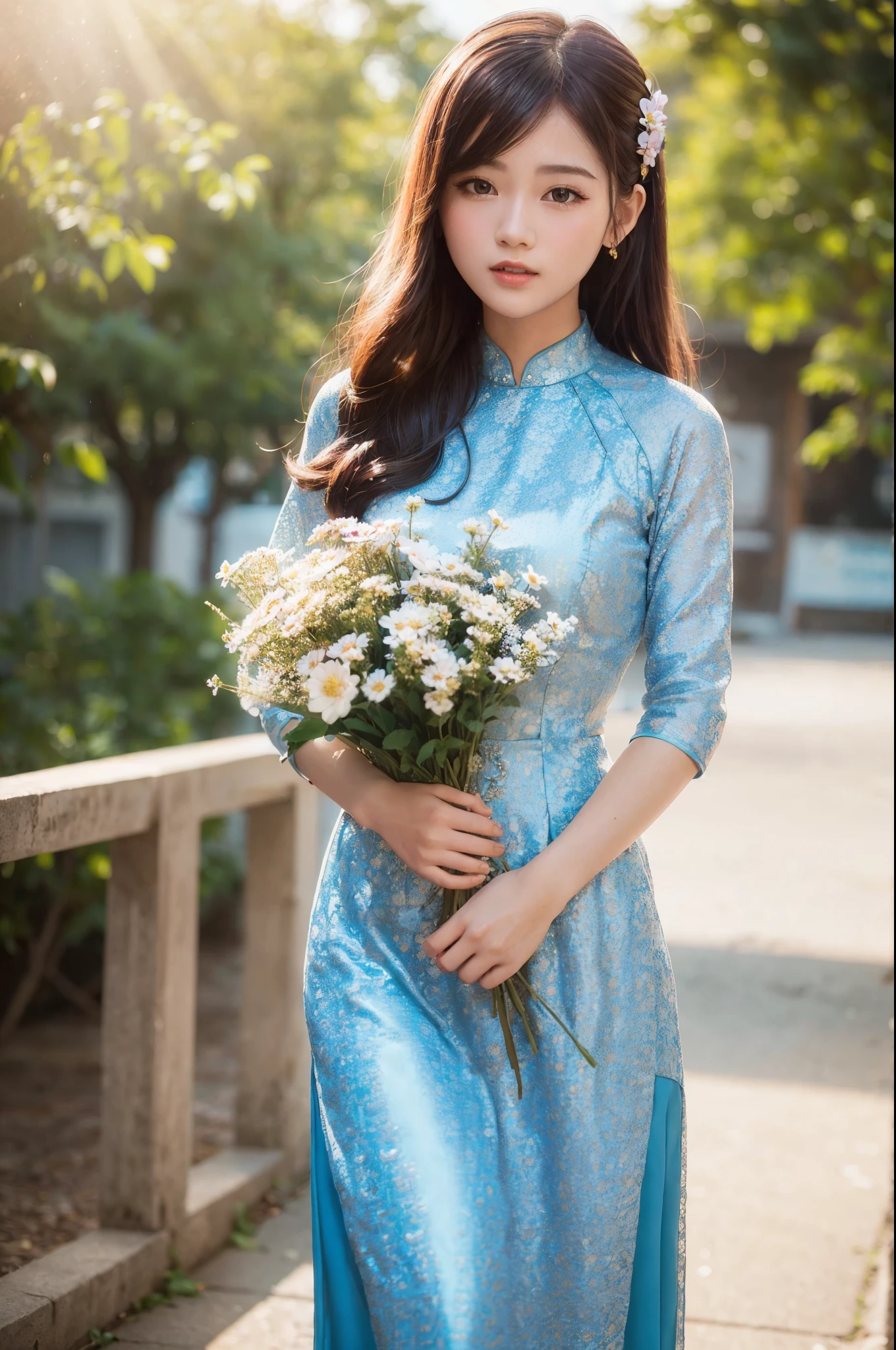 a beautiful girl in vintage colors aodai , masterpiece, best quality, realistic:1.3, street, holding bundle of adubon flowers, sunlight, backlighting, intricate scene, artstation, intricate details, vignette