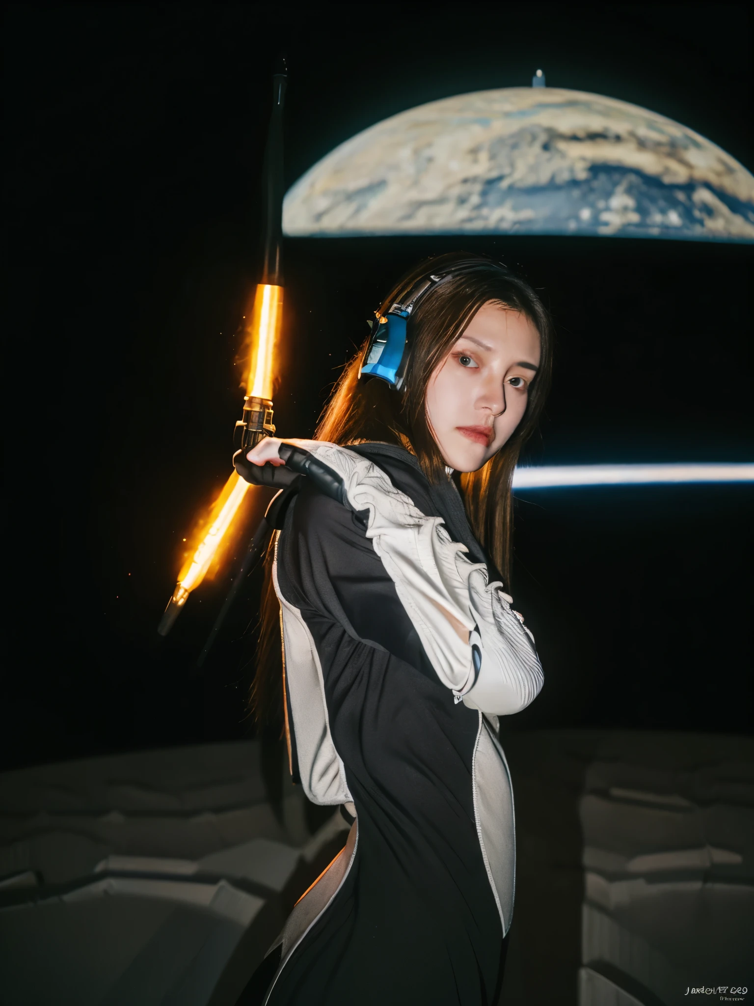 there is a woman holding a gun in front of a spaceship, hyperrealistic fantasy art, doom eternal, female stormtrooper, heaven planet in background, inspired by Jan Victors, in foreground boy with shotgun, orianna, grey orange, dune (2021) --ar 16:9 --v 5.1
