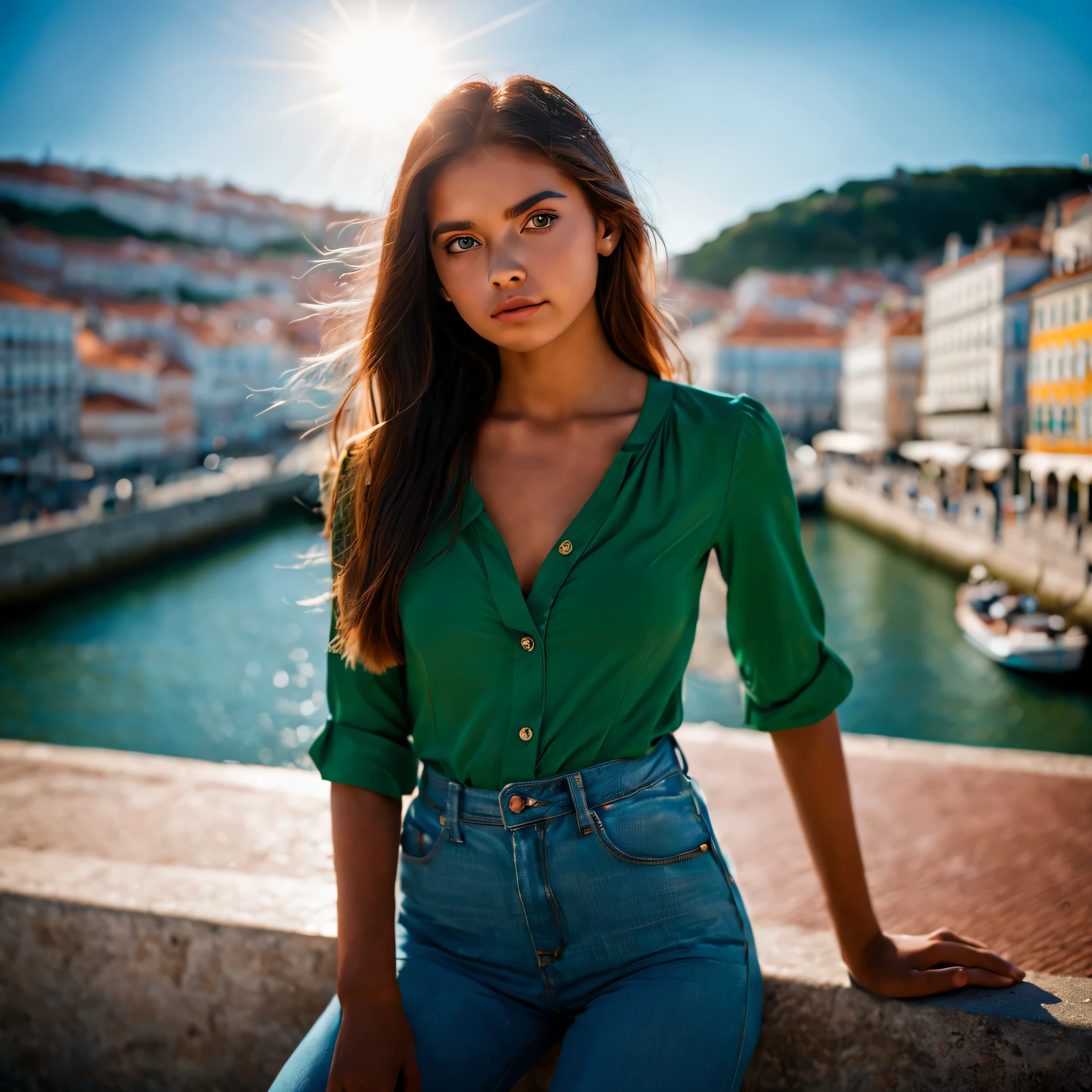 portrait Photograph of a beautiful young American girl, 20 years, posing for a Photo on the Lisbon waterfront, Portugal, (Photorealistic:1.4), (Perfect composition, Ideal pose, Photo:1.55), dramatic angle, Lens flare, (Chromatic aberration:1.1), (caustics:1.1), very detailed, cinematic lighting, Soft natural light, Sun Ray, Bright day, hyper detailed, Develop, High quality, masterpiece ,ray tracing, 8K, UHD, perfect makeup, bright green eyes