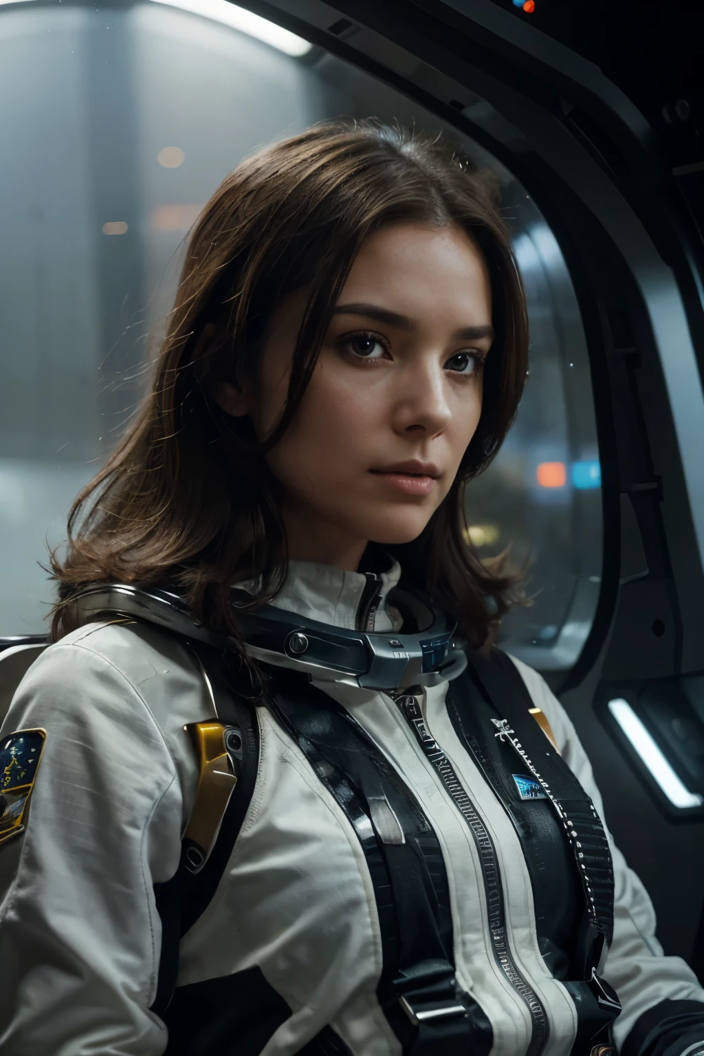 a high resolution, cinematic shot of a portrait of a lonely female pilot in a space suit with the glass open,  sci-fi uniform with open spacesuit, against the background of a small black metallic spaceship, bright weather, starry sky, open sci-fi helmet, Detailed eyes, Brown eyes, nose with a hump, long brown hair protrudes slightly from the spacesuit, Shallow depth of field, vignette, very detailed, Big-budget Hollywood film, hips, capricious, epic, fabulous, granularity