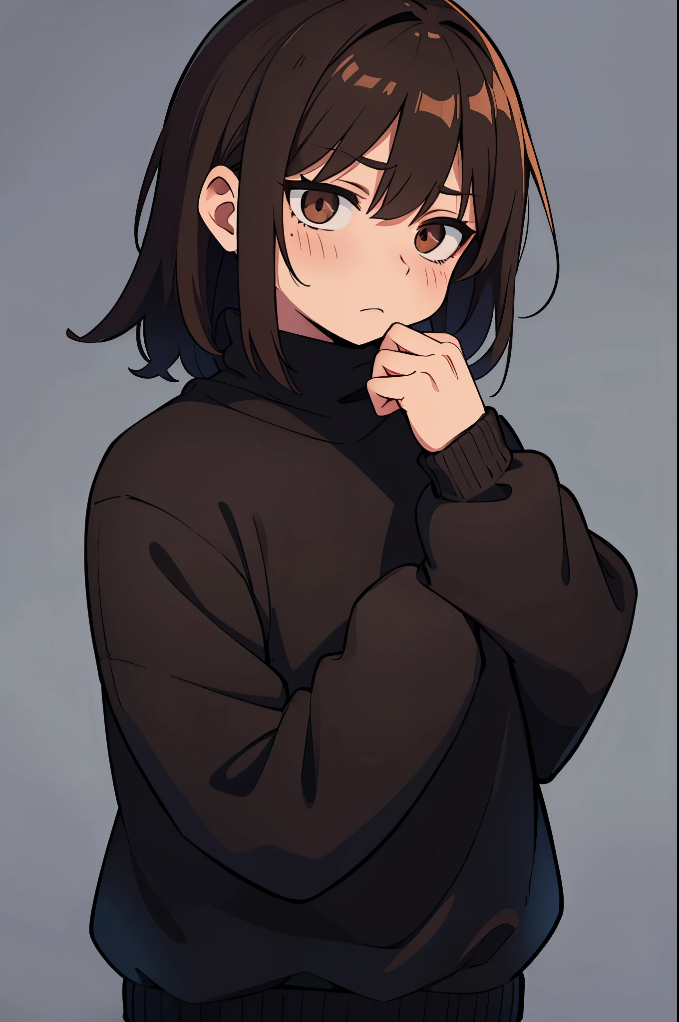1 man, brown eyes, black clothes, sweatshirt, sad expression, empty eyes, medium hair,