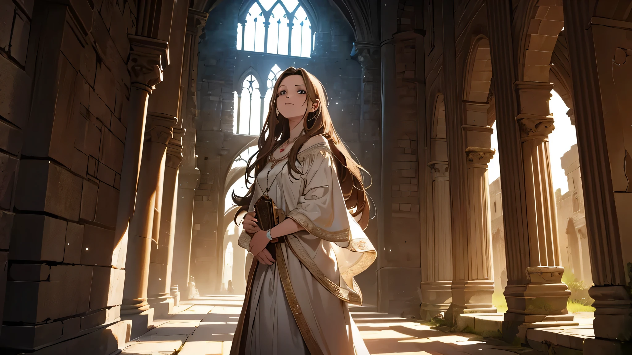Numerous award-winning masterpieces, with incredible detail, textures and maximum detail, (Female cleric in white), (Female priestess in white), Gentle eyes, Friendly and girlish face, Glass earrings on the ears, long brown hair, transparent gown, very detailed face, long brown hair, (Around her neck is a simple necklace of exquisite workmanship, ((looks up)), ((looking down)), Alchemist's room, Alchemist's workshop, Alchemist's laboratory, Ruins of an old castle, Ruins of an ancient castle, Valeria sighed exaggeratedly while walking along a corridor where stone pillars stood close together