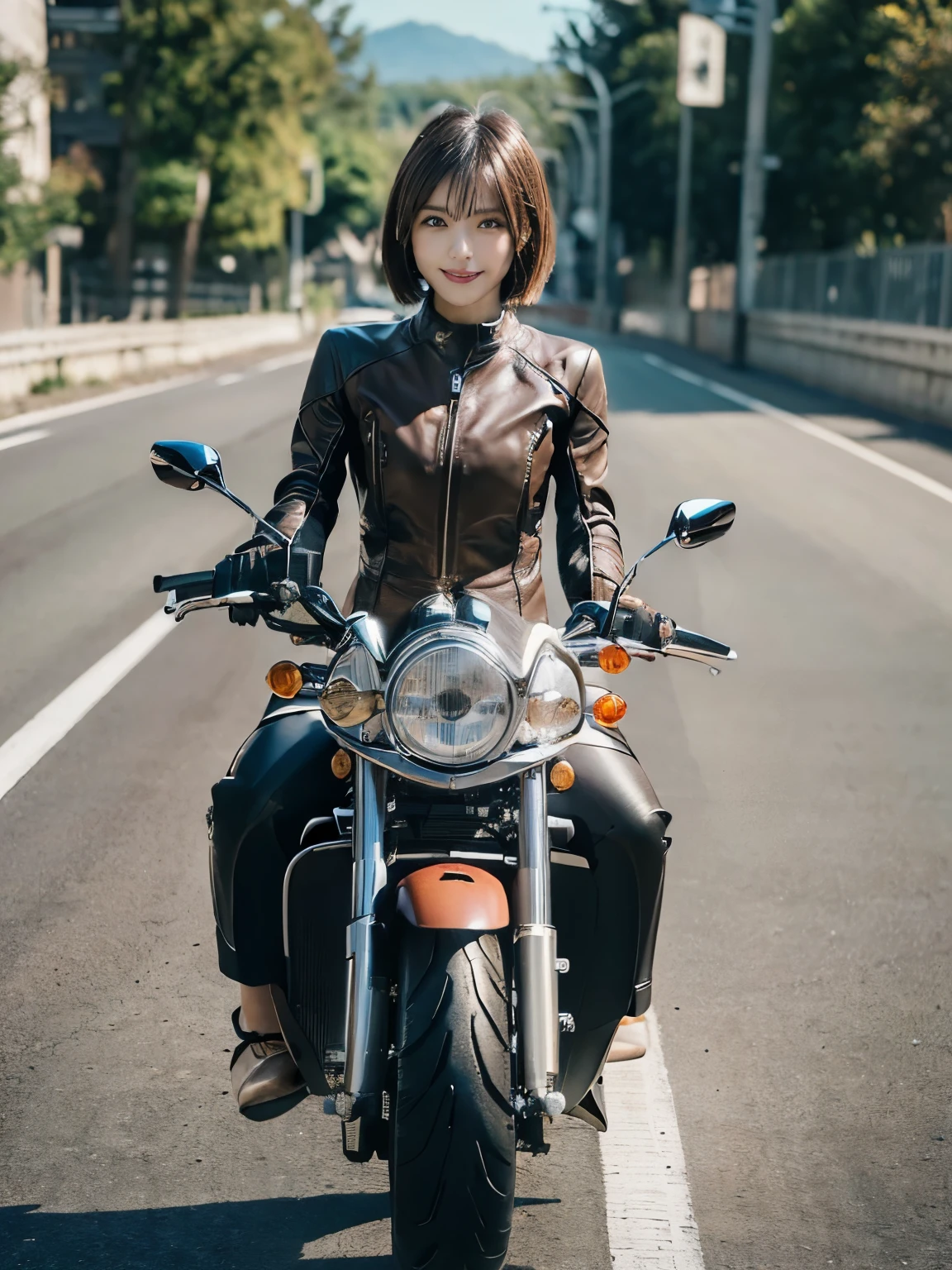 ((highest quality, 8K, masterpiece: 1.3)), sharp: 1.2, perfect body beauty: 1.4,pretty girl,Light brown shorthair,(((girl riding a motorcycle))),slender body,riding suit and leather pants,Highly detailed face and skin texture,fine eyes, double eyelid,((full body shot)),Natural light,smile,Detailed Motorcycle