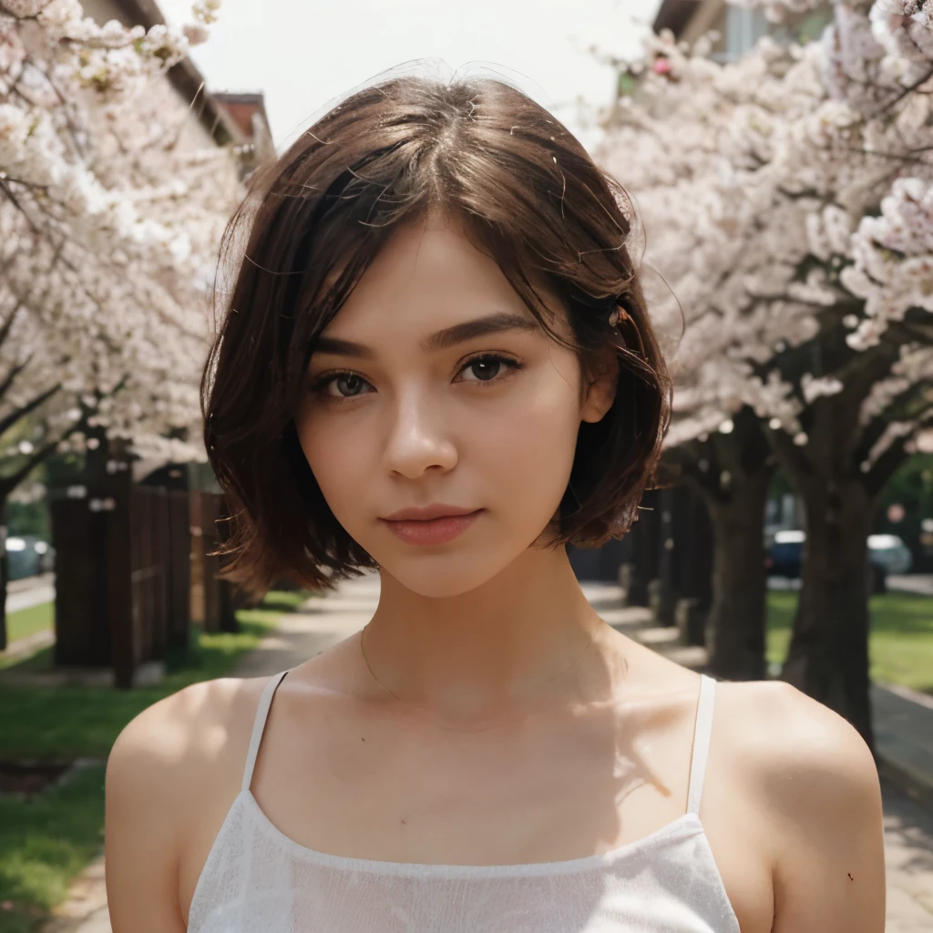 ((top-quality、8K、​masterpiece))、Extraordinary Beauty、cherry trees、Spring scenery、Short-cut hairstyles、Women in street、Spring  uniform、foco nítido、Beautiful woman with perfect body shape、Slim, tank top white,Highly detailed facial and skin texture、A detailed eye、A slight smile