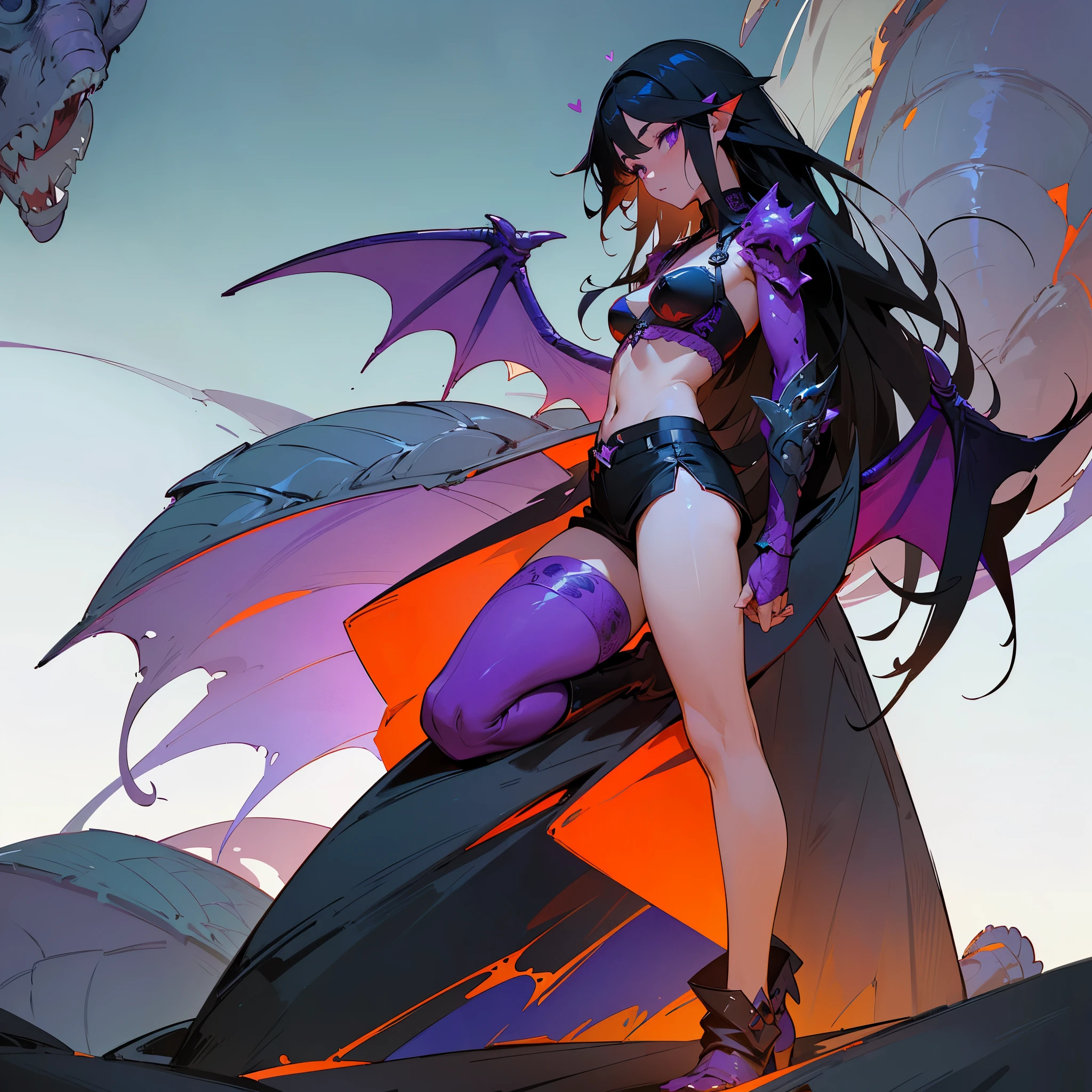 ((beautiful)), ((Masterpiece)), (intensely detailed)), ((perfect face)), ((in dragon armor)), ((dragon armor consists of a dragon bone bra, stockings, shorts)), ((full body dragon tattoo)), ((long black hair)), ((dragon wings behind)), ((front view)), ((purple eyes with heart)), ((full body view)), ((stands on an island and there is water all around)), ((without armor just in bra and boots)), ((front view)), ((Eyes on camera)), ((eyes are more developed))