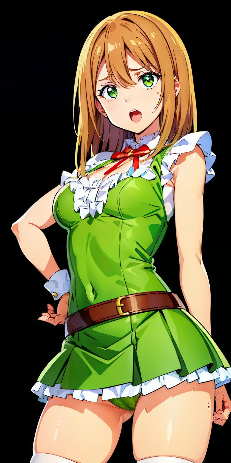 (((highest quality))), ((super detailed)),katalina、Light blue blouse、super mini skirt、waist skirt、 ((illustrinion)), ((messy hair)), ((frills)), super mini skirt、beautiful woman、leather、luster、sleeve less、Thin dress、立膝in座ってます、beautiful breasts、Sleeveless dress、しゃがんinる、spread legs、show whitepanties,Beautiful camel toe、(1 girl),(一人in),brown hair,cowboy_shot,crossed_arm,looking for_in_viewer,Open_mouth,simple_background,Are standing,rining:Safety,agriculture_clothing,green_Clothes,green_eye,((highest quality))), ((super detailed)), ((illustrinion)), ((messy hair)), ((frills)), (1 girl),(一人in),,cowboy_shot,crossed_arm,looking for_in_viewer,Open_mouth,simple_background,Are standing,rining:Safety,agriculture_clothing,green_Clothes,green_eye,