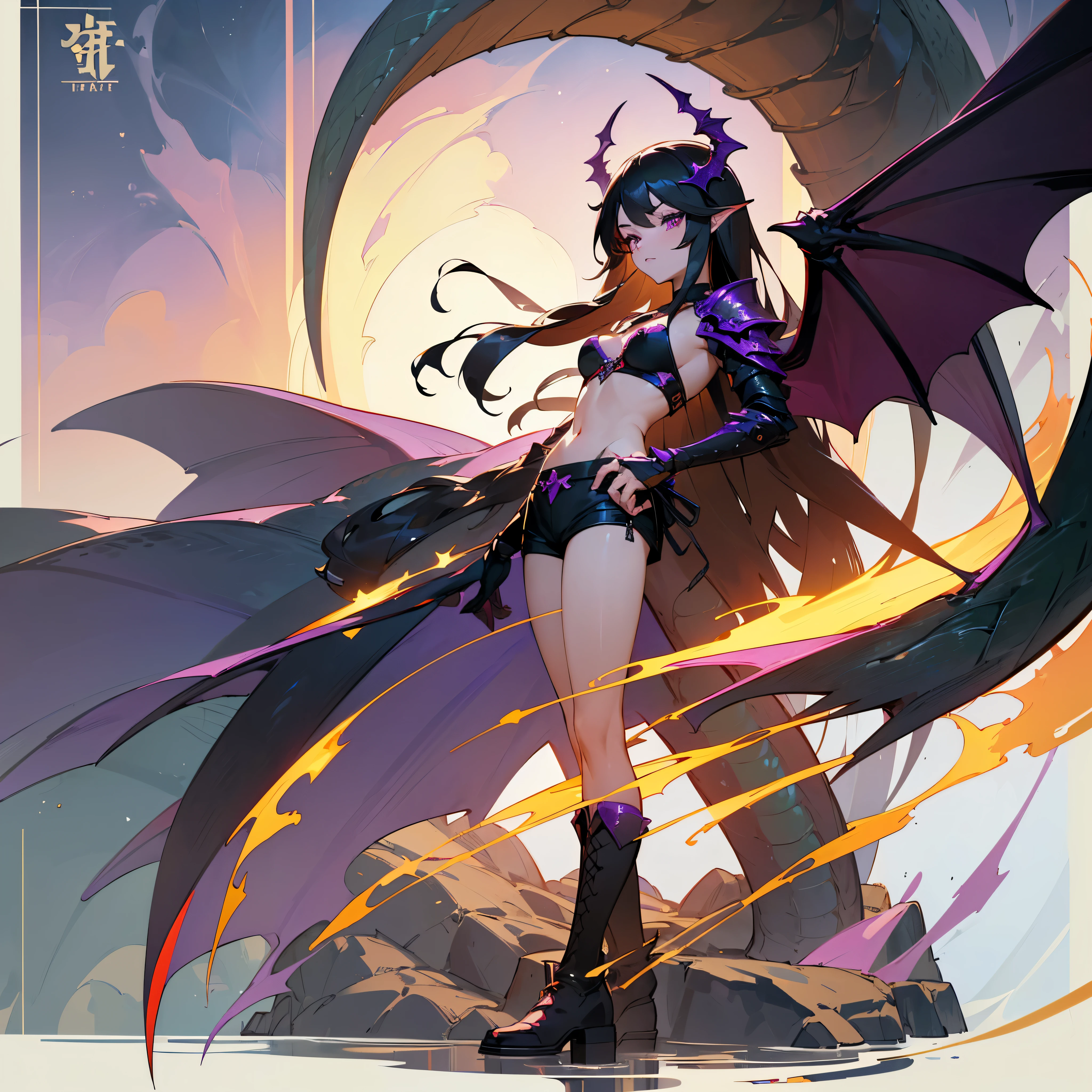 ((Beautiful)), ((masterpiece)), (very detailed)), ((perfect face)), ((In dragon armor)), ((Dragon armor consists of a dragon bone bra., stockings, shorts)), ((dragon tattoo full body)), ((long black hair)), ((dragon wings behind)), ((foreground)), ((purple eyes with heart)), ((Full body view)), ((stands on an island and there is water all around)), ((Without armor, just in a bra and boots)), ((foreground)), ((Eyes on camera)), ((eyes are more developed))