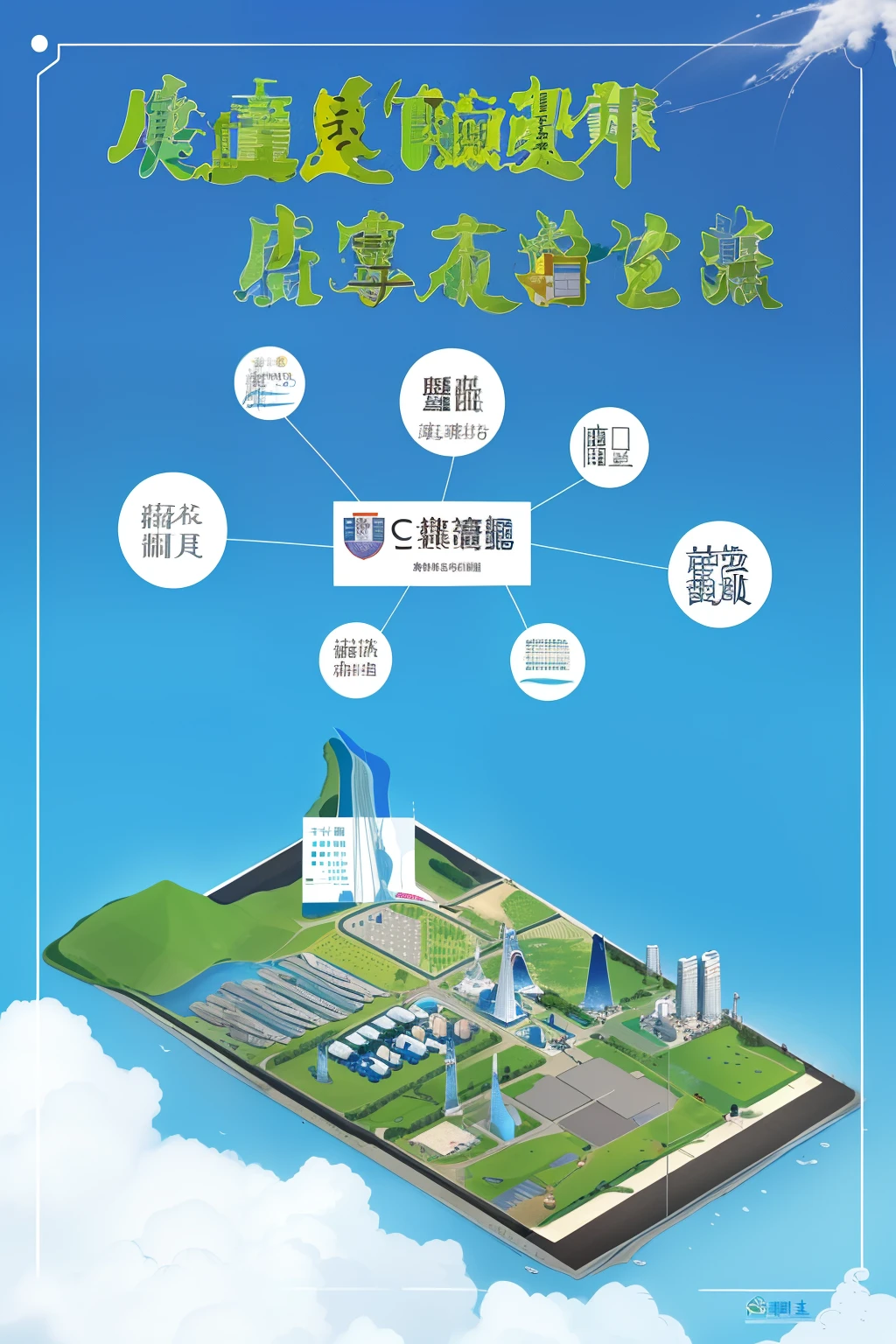 city map, , 一张poster, complete equipment, 详细picture, Contains environmentally friendly water、Port passenger transport、Water supply and sewage、Market operations、Solid waste treatment、Financial investment、Environmental sanitation services and other elements, high-tech environment, Lively and youthful feeling, ,picture, poster,