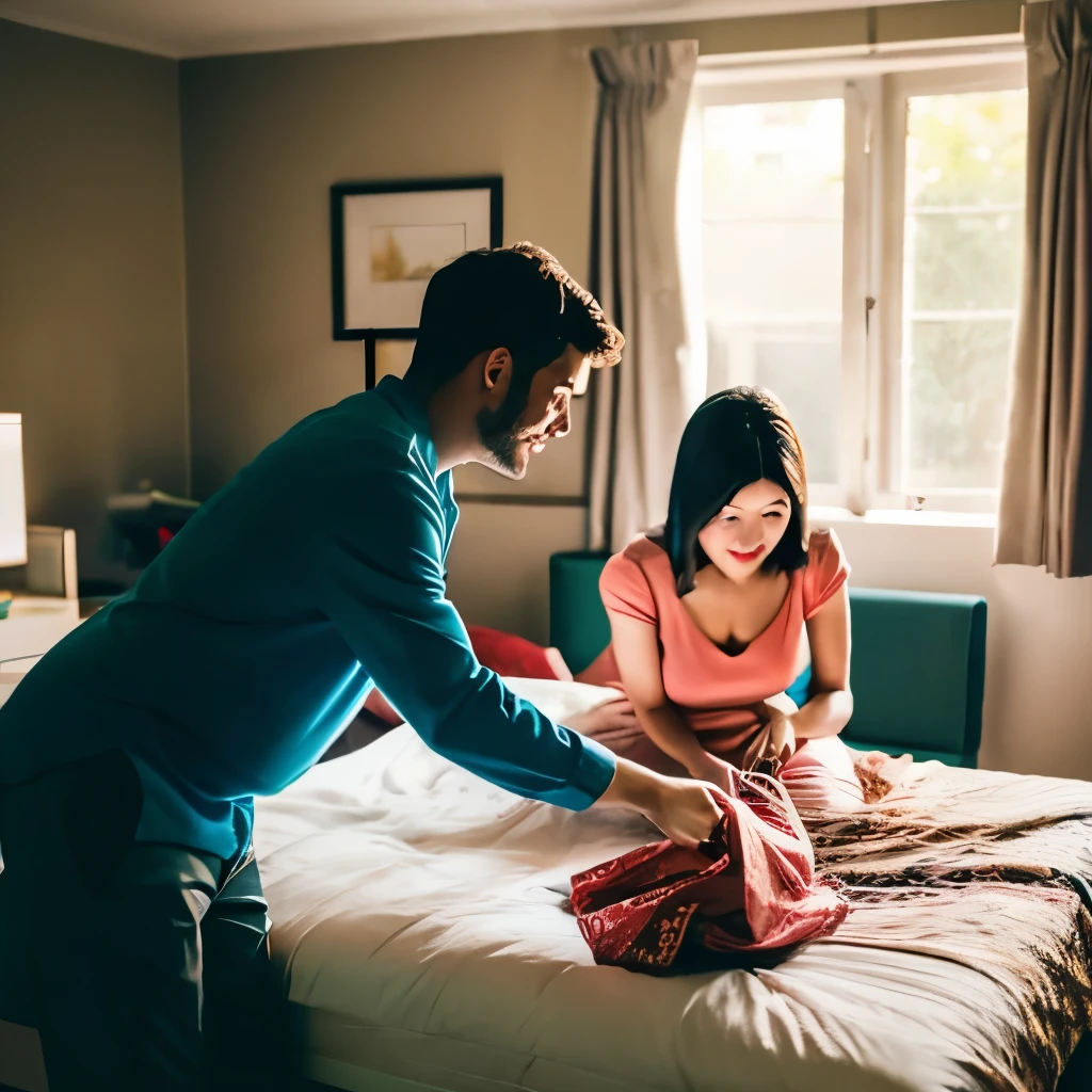 In the bedroom, the woman is ironing, her husband is playing a game, the woman is pregnant, and they are both handsome