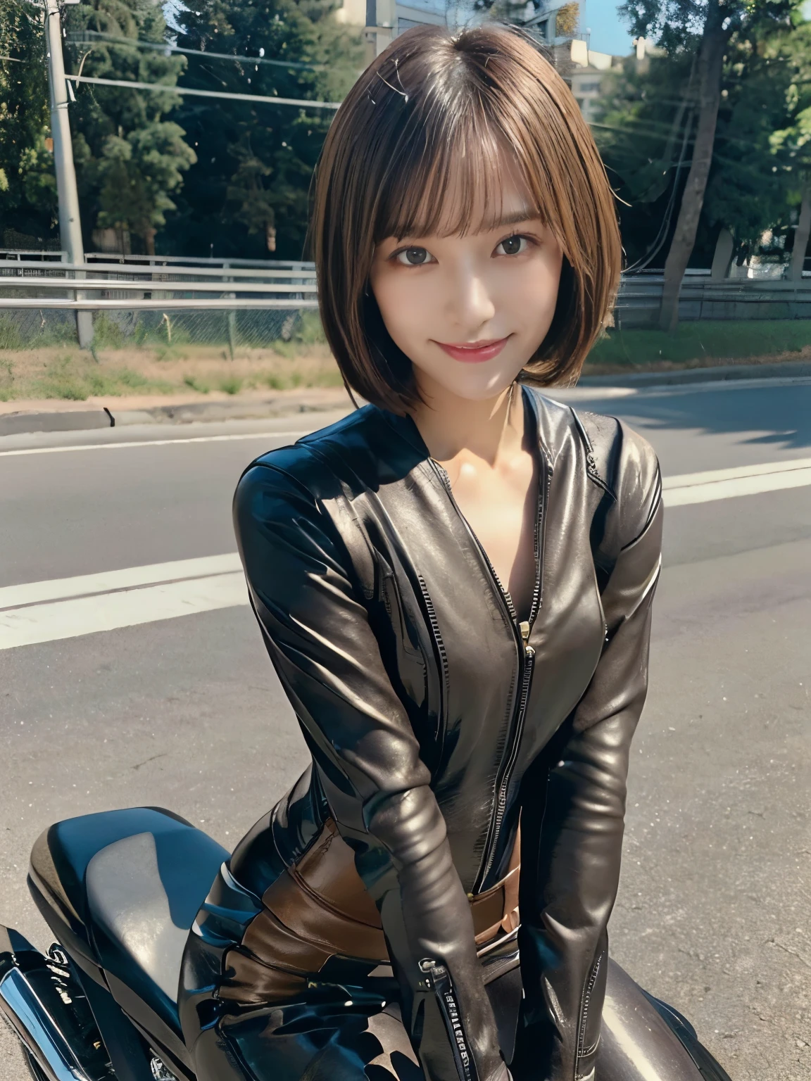 ((highest quality, 8K, masterpiece: 1.3)), sharp: 1.2, perfect body beauty: 1.4,pretty girl,Light brown shorthair,(((girl riding a motorcycle))),slender body,riding suit and leather pants,Highly detailed face and skin texture,fine eyes, double eyelid,((full body shot)),Natural light,smile,Detailed Motorcycle