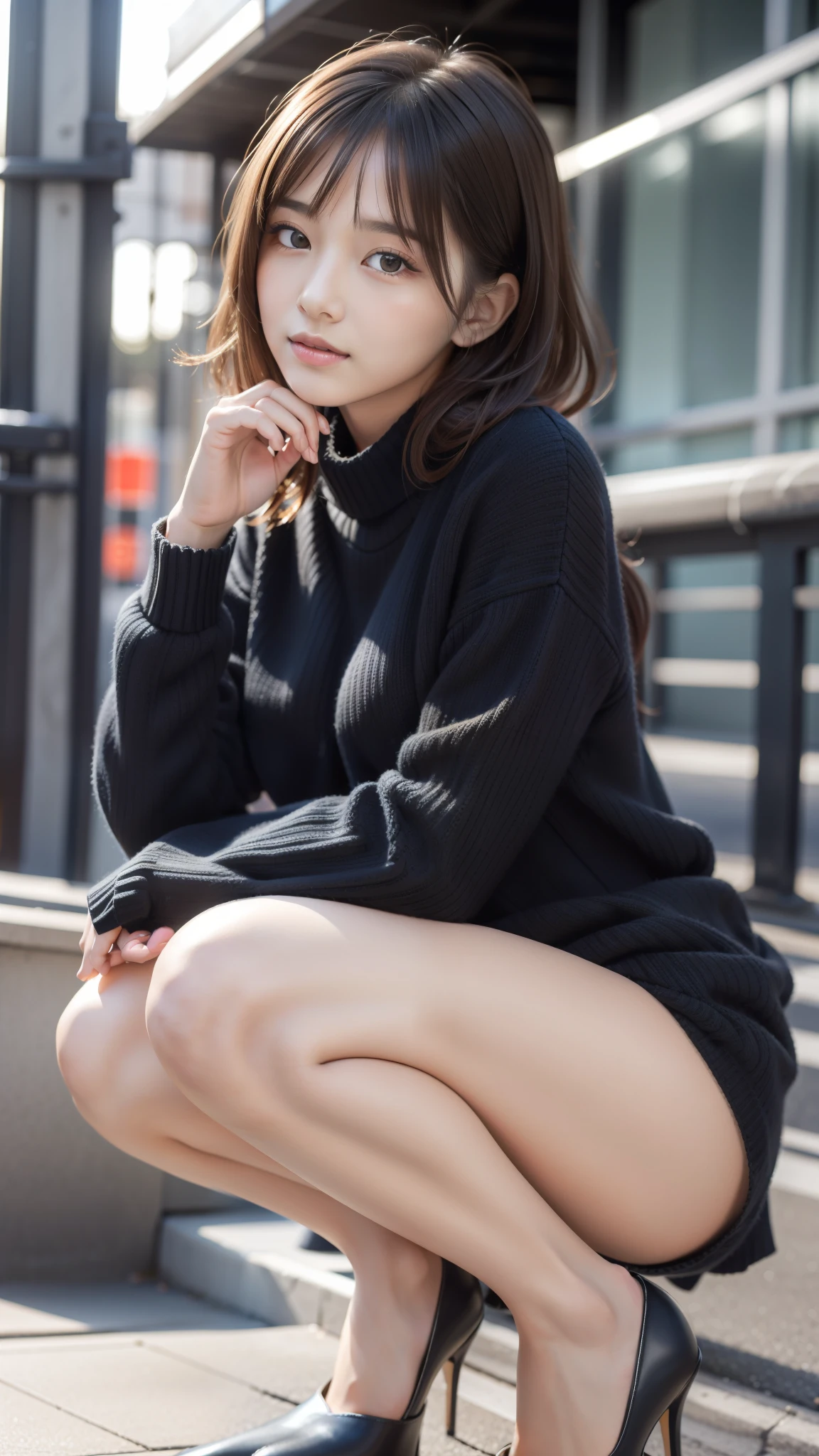 Photo taken by a professional photographer，Close-up of a woman squatting on the sidewalk with her legs crossed, kiko mizuhara, wearing a sweater, Shirahime cut brown hair, wearing a sweater, young and cute girl, japanese model, 白いwearing a sweater, Chiho, ランダムカラーのカジュアルなwearing a sweater,Cute ide waves with short hair, a cute young woman, cute young woman, black pantyhose，black tights，black high heels，