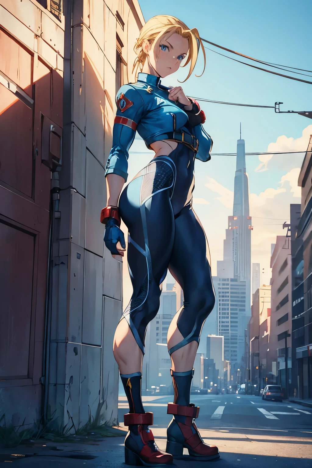 cammy sf6, blue eyes, blonde hair, antena hair, scar on cheeks, full body potrait, from the side camera looking at the viewer, tight clothes, horny face