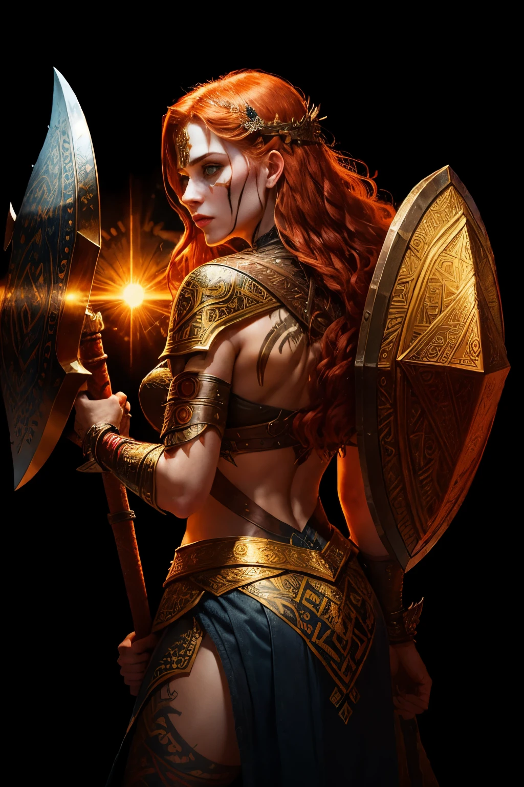 In the heart of the Norse world, a portrait emerges of a fearsome female Viking warrior, her face adorned with intricate war paint, a symbol of her battles and victories. Her long, fiery red hair cascades down her back, illuminated by the golden rays of the setting sun. With a battle-worn expression, she clutches her mighty battle axe, its sharp edge gleaming under the volumetric lighting. In her other hand, she holds her shield, the surface adorned with intricate carvings and patterns, reflecting the sun's rays in an ultra-detailed, high-contrast display. Her perfect face, with
