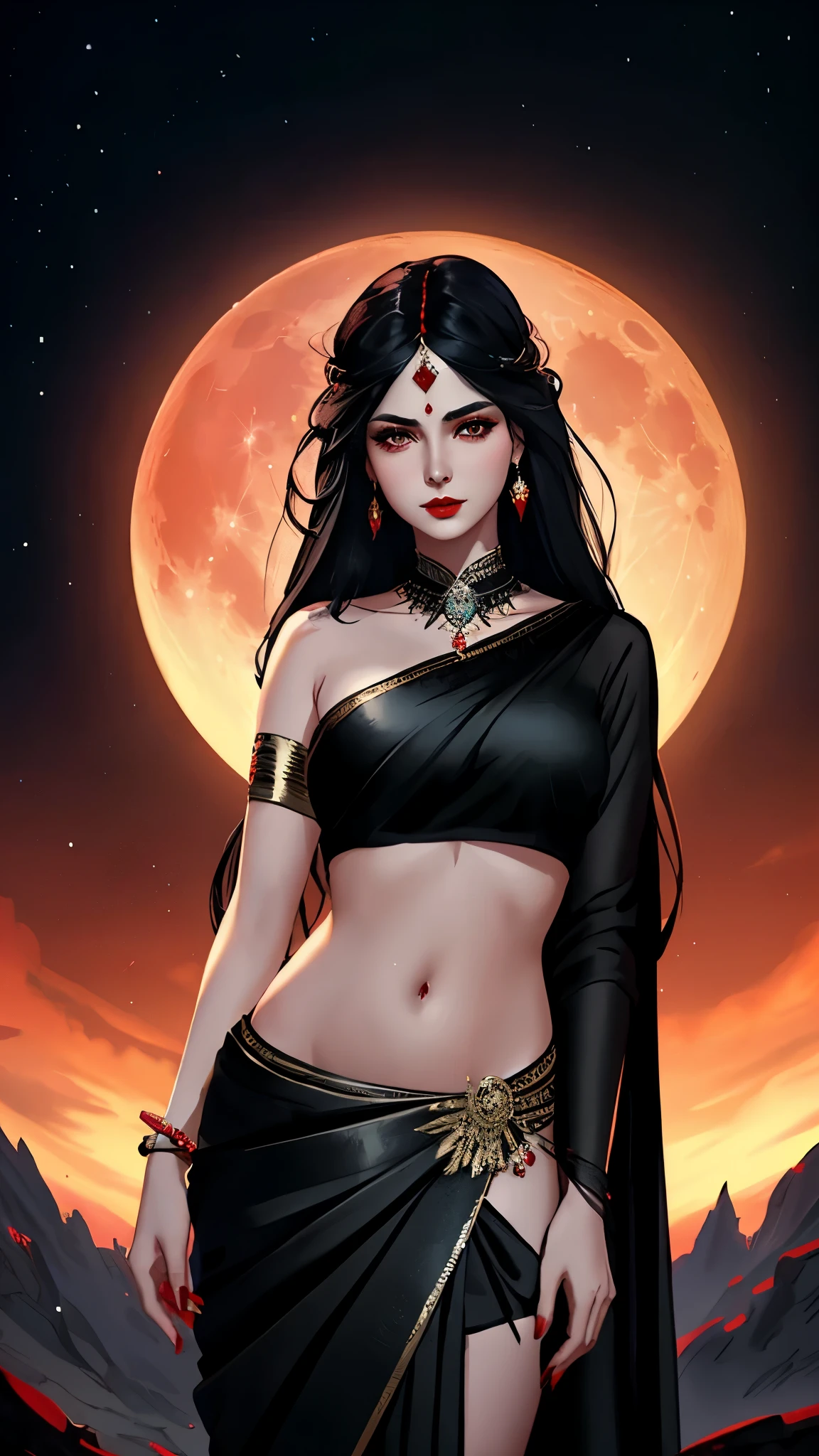 a woman with long black hair and a full moon in the background, 8k high quality detailed art, beautiful fantasy art portrait, beautiful character painting, beautiful fantasy portrait, (red lips), charlie bowater rich deep colors, fantasy art style, in the art style of bowater, 8k stunning artwork, beautiful digital illustration, neoartcore and charlie bowater, fantasy art portrait, ((wearing black saree)), ((red bindi)), ((red bindi between the eyebrows))
