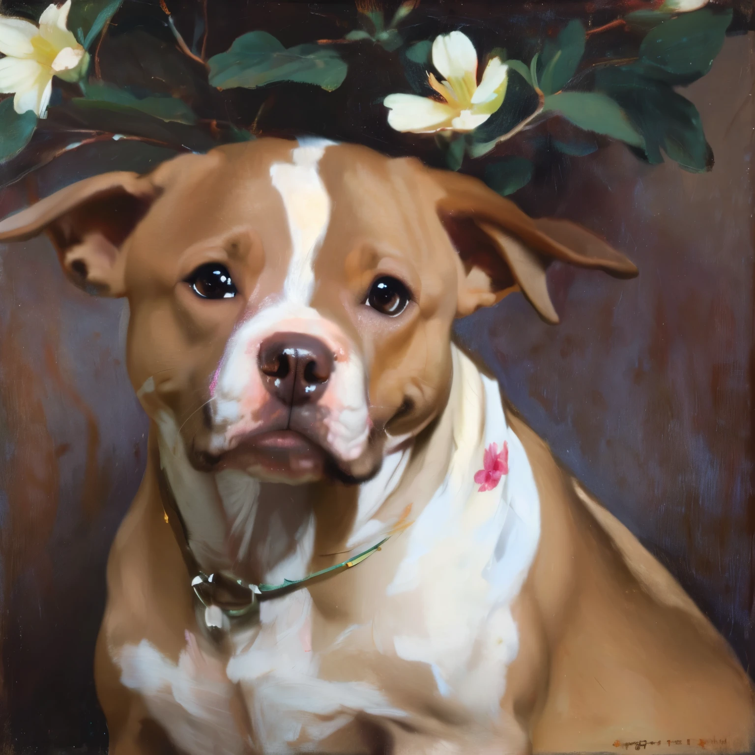 Fully Light tan pitbull with green eyes painting and flowers in the background 