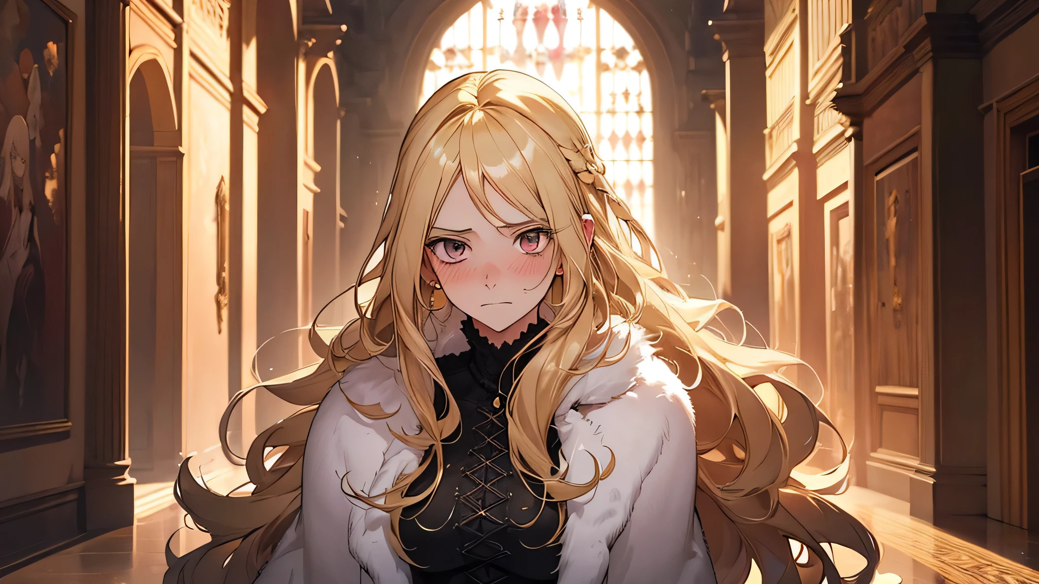 1Women,(Long fluffy blonde hair:1.6),one piece dress,Mature woman,Rich and noble families,In a castle hallway,It was dark,There is moonshine,There are lights in the living room,Ultra-detailed CG,exquisite facial features,Clear facial expressions,Detailed digital anime art,digital anime art,High quality anime art style,Shy, Blush, Ear blush, full blush, flustered,Quietly watching the audience, In contrast to Valeria who would reveal her thoughts immediately on her face, Karin never revealed her emotions very much.