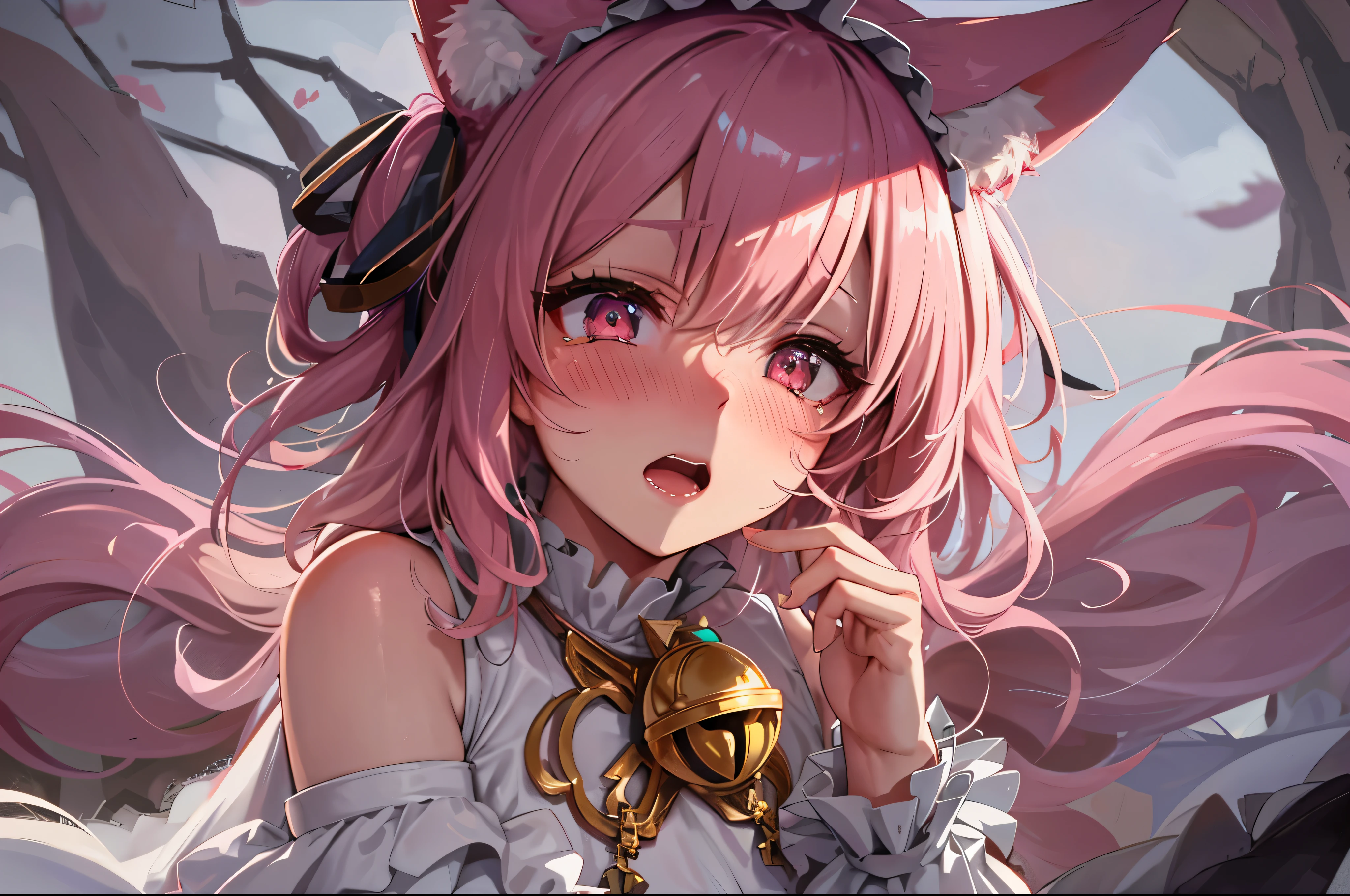 hairy, Pink fur, Off-the-shoulder white translucent morning dress, sit on the grass, Cherry blossom forest background, gold slit pupil, blushing:1, hair between eyes, pink hair, gradient hair, hair past shoulders, wet hair, shiny hair, bell, trumpet, forehead gem, lolitahairband, eye reflex, shed tears, slit pupil, fox ears, wolf ears, Awkward, blush, saliva, full blush, panicked, despair, full-face blush, realism, 超realism, Ray tracing, reflected light, backlight, Fuji color, Bokeh, ultra high definition, retina, anatomically correct, Super details, best quality, high resolution