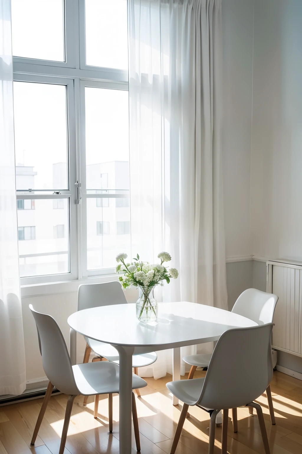 Indoor shooting session taking place near a large, empty white tabletop. Soft light filters in through white curtains, casting a fresh and serene atmosphere. The table, simple in design, boasts a pristine, light blue and light gray finish, perfect for commercial photography. The scene is captured from a top view using a Canon camera with an f/4.0 aperture and a 85mm lens.