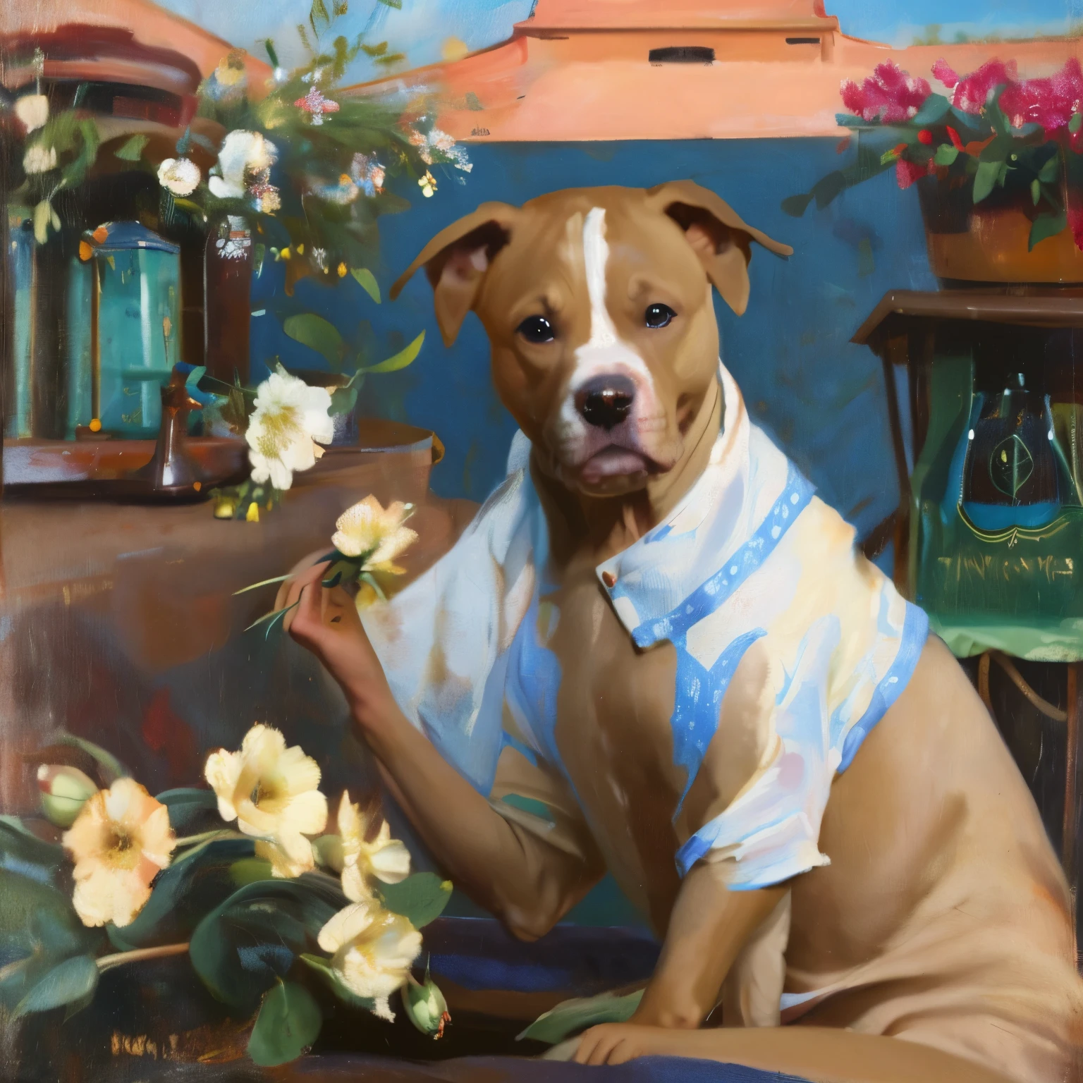 Fully Light tan pitbull with no spots and green eyes. painting and flowers in the background 