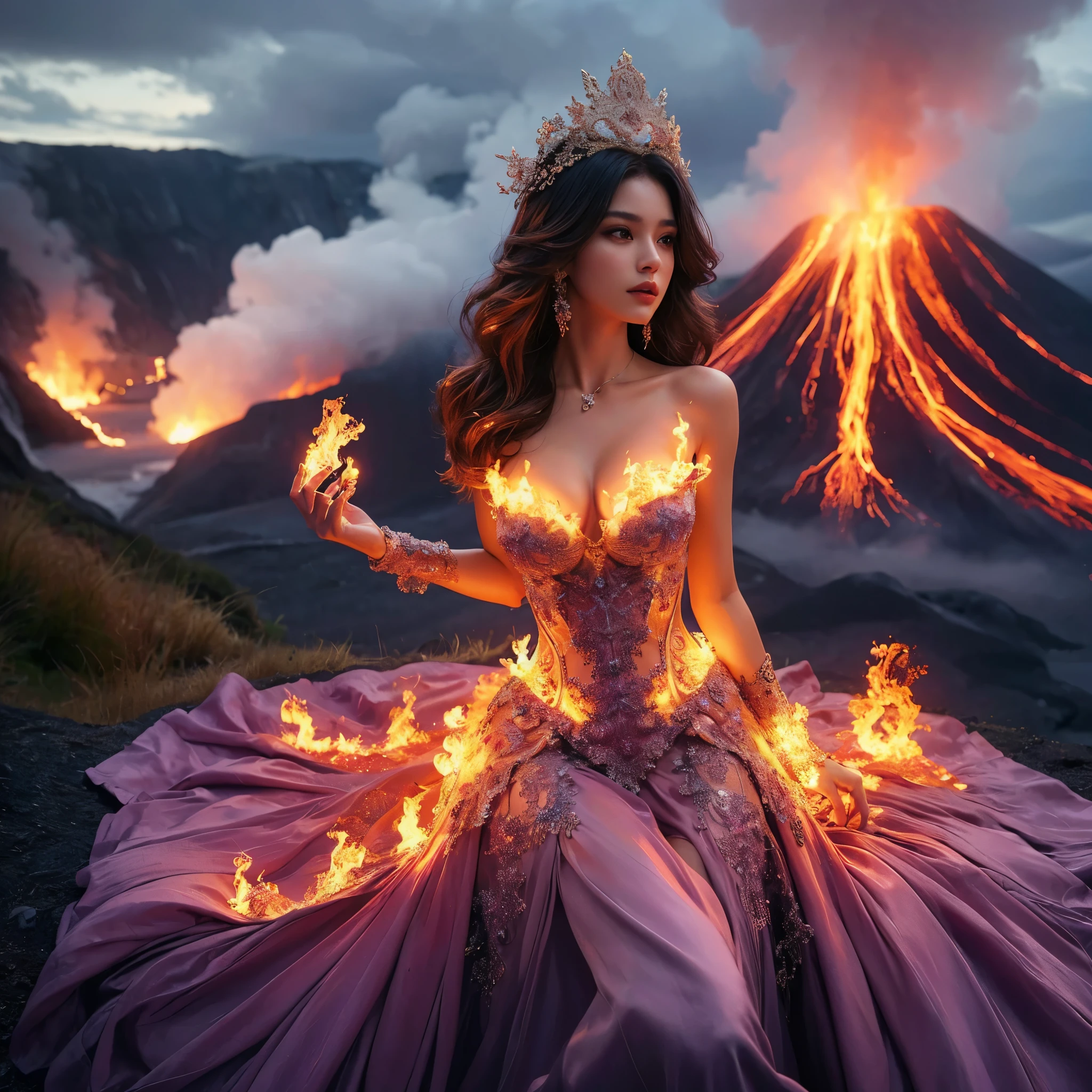 arafed woman with bustier gigantic breast in a flame corset and flame dress in front of a building, wearing an ornate outfit, ornate dress, intricate dress, elegant flame corset, ornate and elegant, extravagant dress, inspired by Hedi Xandt, ornate attire, intricate outfit, ornate royal gown, ornate clothing, ornate gown, intricate and elegant, intricate detailed dress, ornate , royal dress, detailed hand, detailed finger, Fire in the body, Fire on the dress, Fire element, masterpiece, best quality:1.2),,(8k,highres,RAW photo,realistic,photo-realistic:1.3),(detailed skin texture,detailed cloth texture,detailed flame texture, beautiful detailed face:1.25),professional lighting,photon mapping,beautiful soft light,radiosity,physically-based rendering,raytracing, model shoot style, model shoot style, (extremely detailed CG unity 8k wallpaper), full shot body photo of the most beautiful artwork in the world,