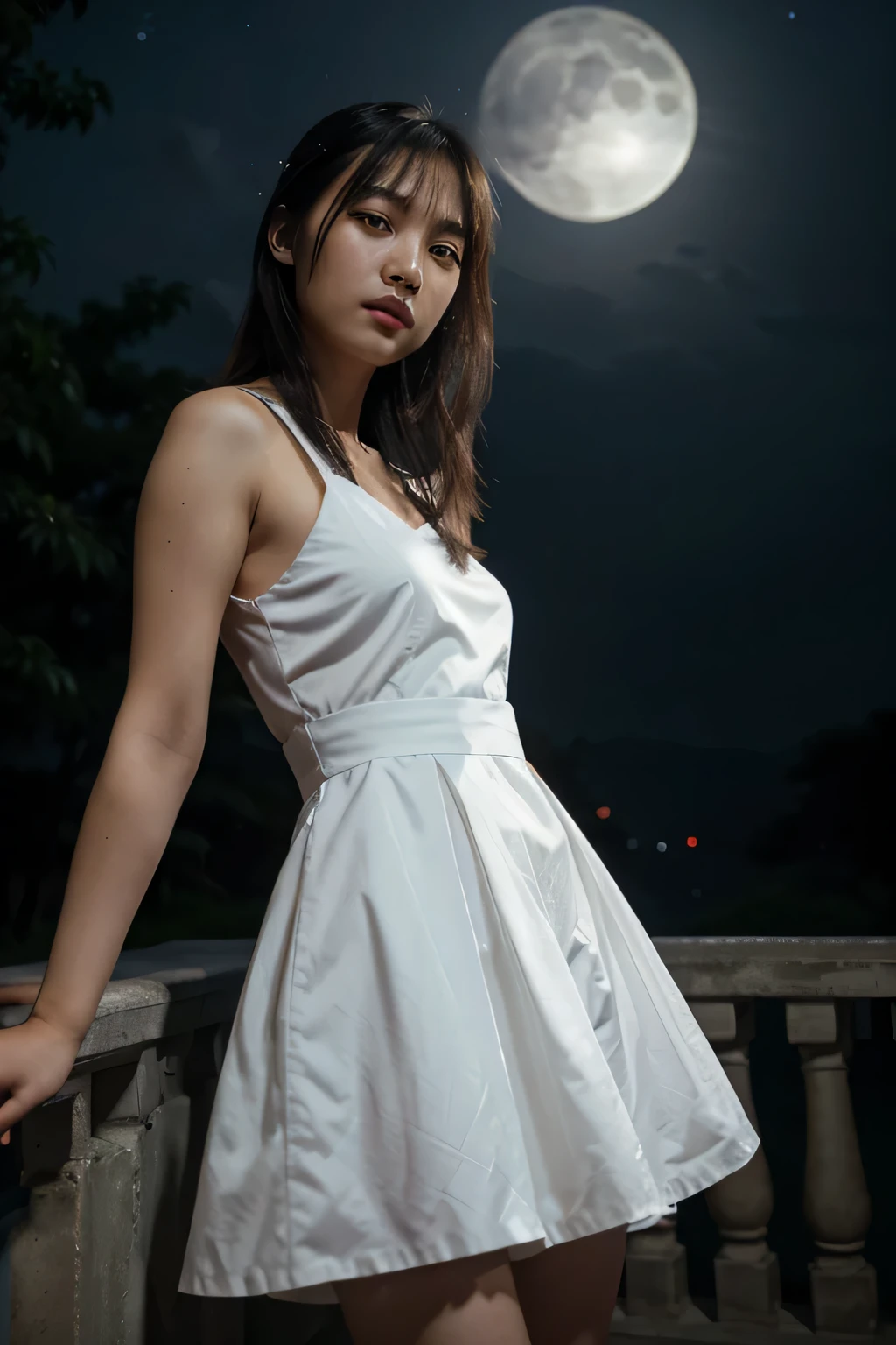 An Asian girl, , wearing a white dress , Photorealistic, Moonlight, DSLR, 2:1, Deep, 2x