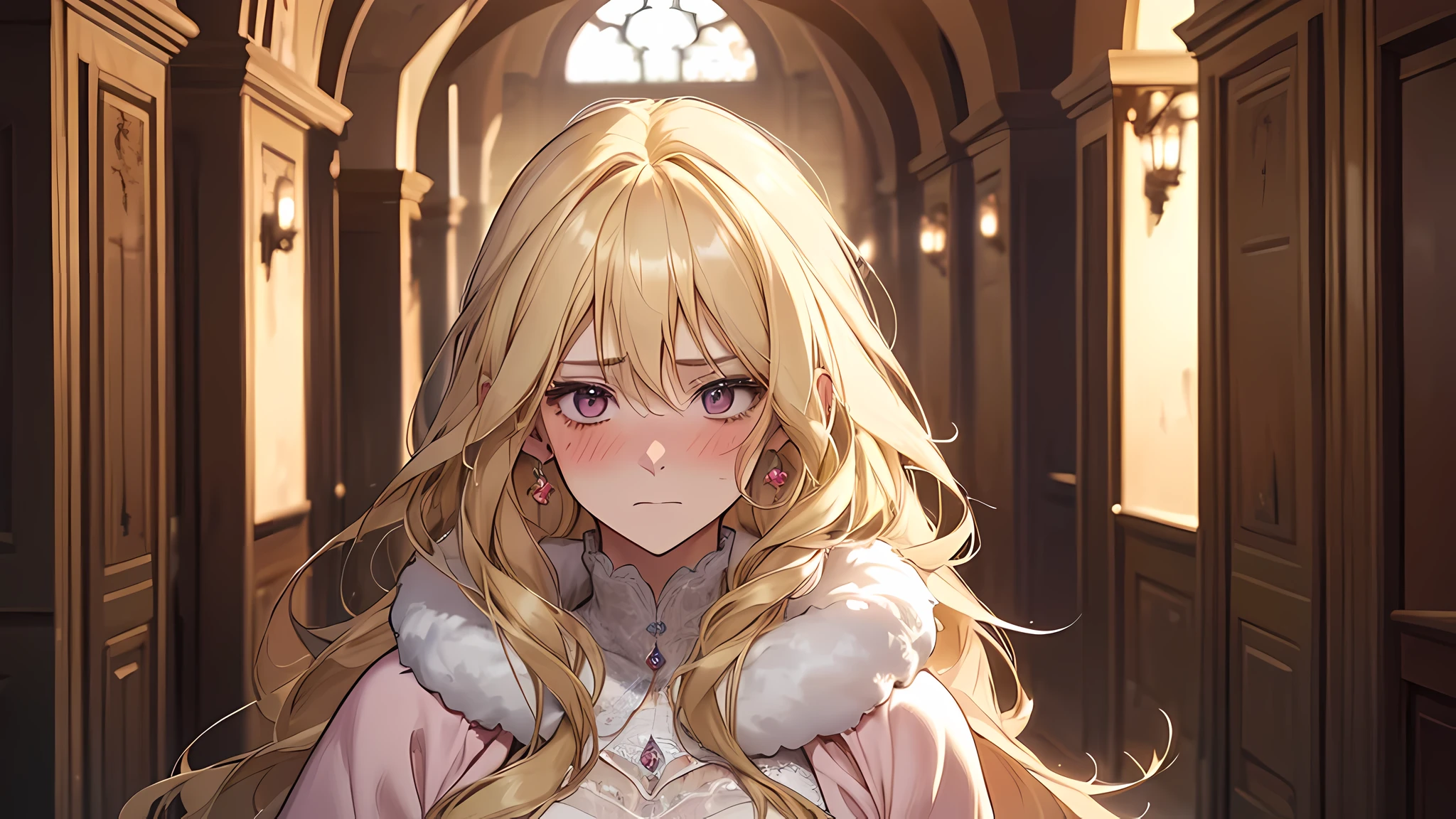 1Women，(Long fluffy blonde hair:1.6)，one piece dress，Mature woman，Rich and noble families，In a castle hallway，It was dark，There is moonshine，There are lights in the living room，Ultra-detailed CG，exquisite facial features，Clear facial expressions，Detailed digital anime art，digital anime art，High quality anime art style，Shy, Blush, Ear blush, full blush, flustered，Quietly watching the audience, Perhaps Karin was also mentally worn out, but she wouldn’t show it on her face.