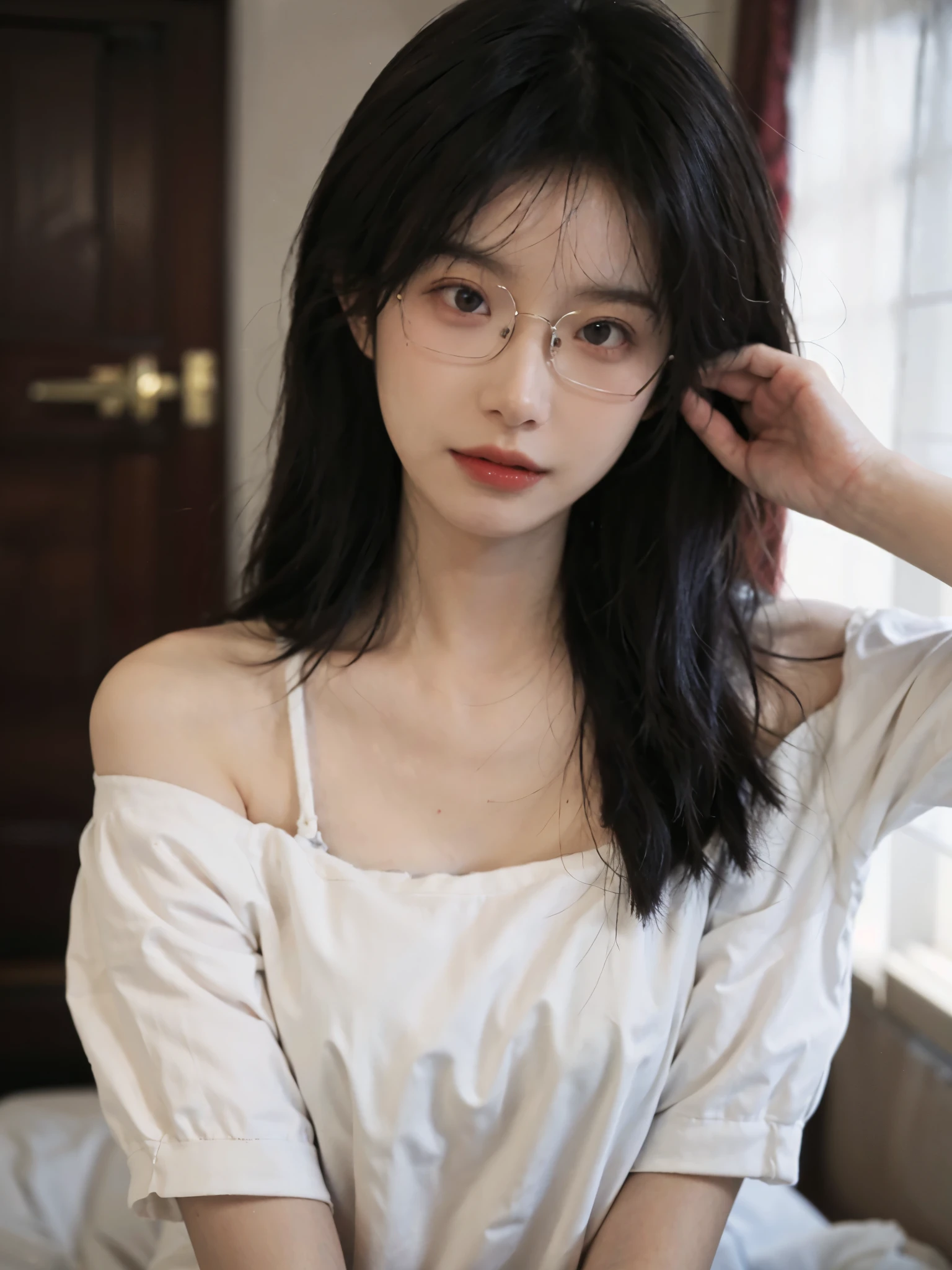 Film portrait photography, 1 girl, bare shoulders,lipstick,(flat chest:1.4), Shoulder length wavy hair, Wear high-end glasses,White short sleeves,serene, calm, (Realistic and detailed eyes, natural skin texture, Realistic facial details), Soft dramatic lighting, depth of field, Bokeh, Vibrant details, detailed meticulous, hyper-realistic, 35mm film, hazy, ,
