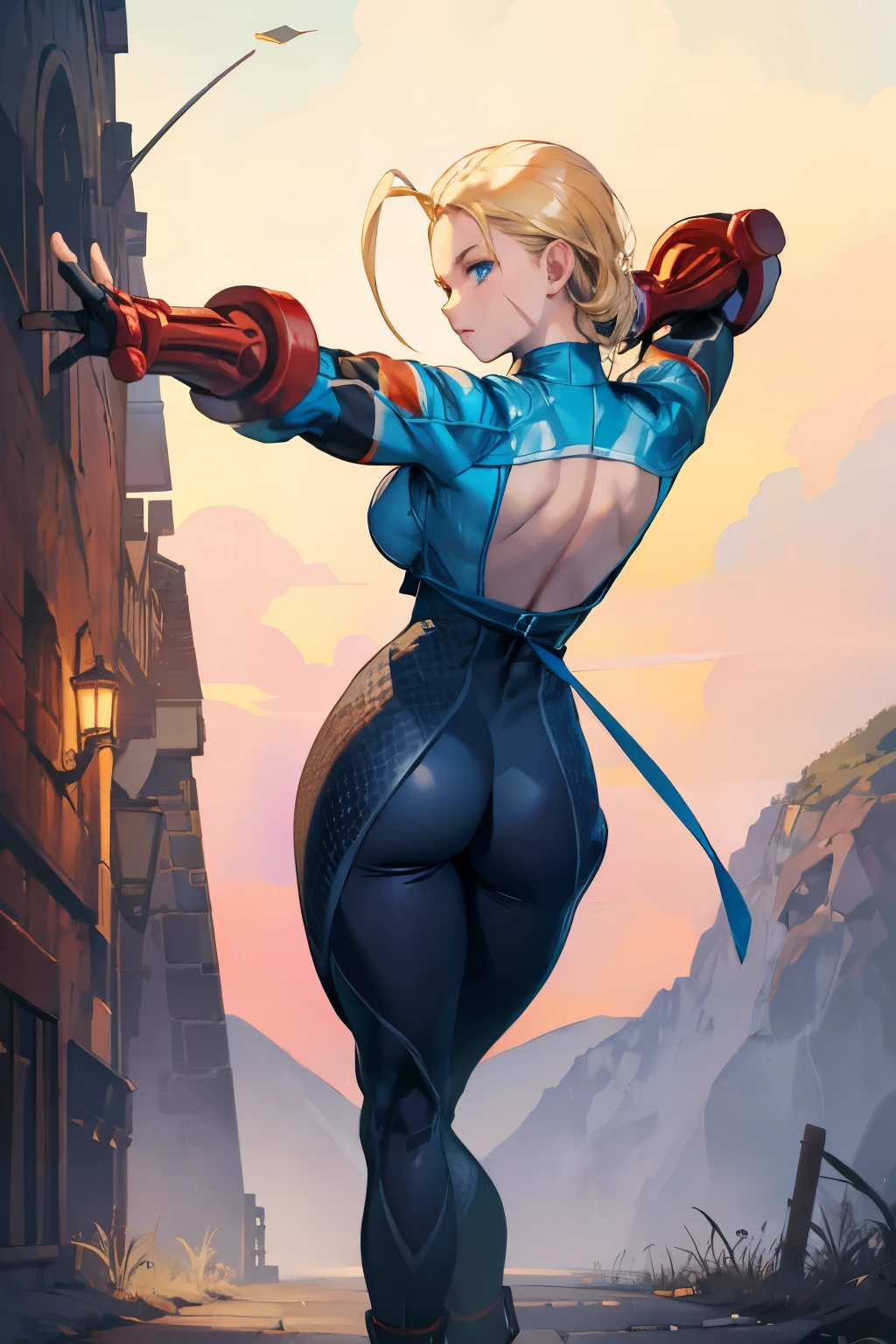 cammy, extreme detailed face, from the back camera, blue eyes, blonde hair, antena hair, scar on cheeks, full body potrait, tight clothes