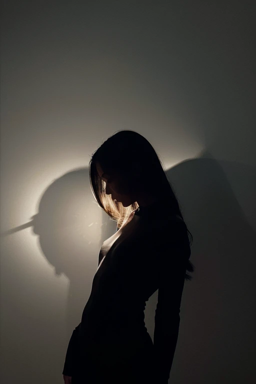 Outlined in black ink, the figure is depicted with smooth lines, expressing emotions and posture through the contrast of ink density. The background is minimalist, emphasizing light, shadow, and spatial perception.