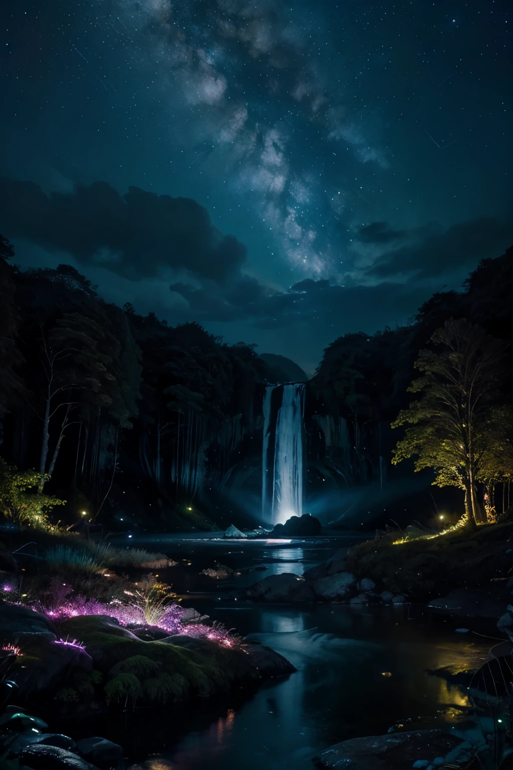 Create a mesmerizing, surreal landscape where a cascade of vibrant, bioluminescent waterfalls flows through a mystical forest under a sky filled with swirling galaxies and ethereal constellations