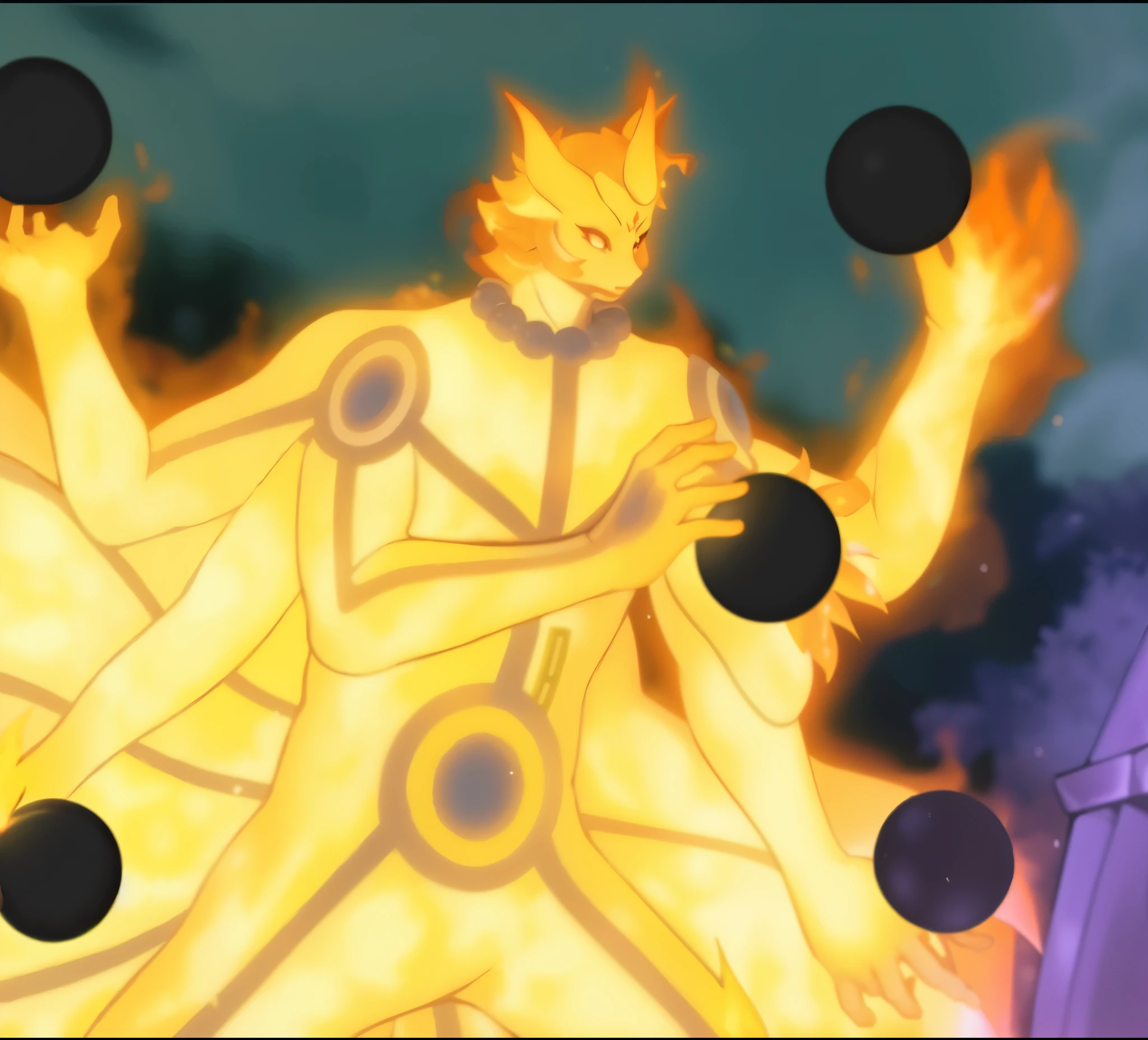 a close up of a womam holding two balls in their hands, six hands, transforming into her final form, big, three heads, appears as the fire goddess, nine tails, an epic anime of a energy woman, all face covered with a fire, blazing infero, has fire powers, fire swirling, flame conjuring armored, the background, holding black orbs, three heads