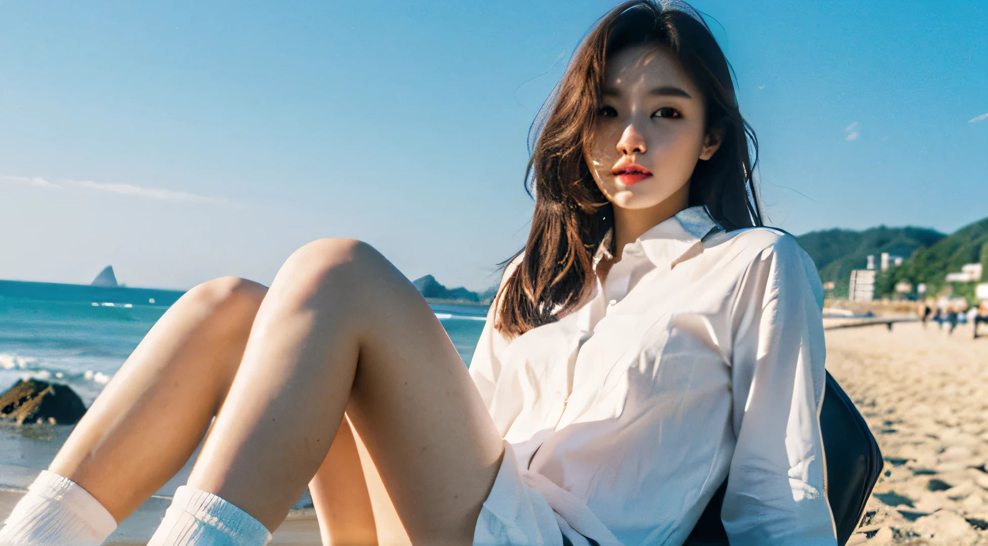 super detailed, high resolution, (actual, photo-actual:1.4), 8k, original photo, (masterpiece), (best quality), Physically based rendering, college girl, long brown hair, South Korea, beach, watch, sock, unbuttoned_white_shirt,