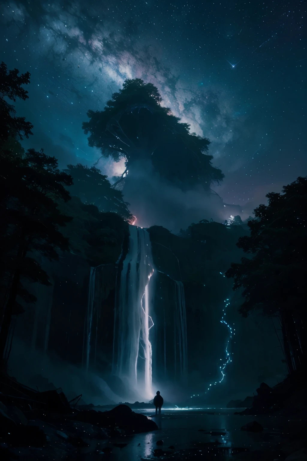 Create a mesmerizing, surreal landscape where a cascade of vibrant, bioluminescent waterfalls flows through a mystical forest under a sky filled with swirling galaxies and ethereal constellations