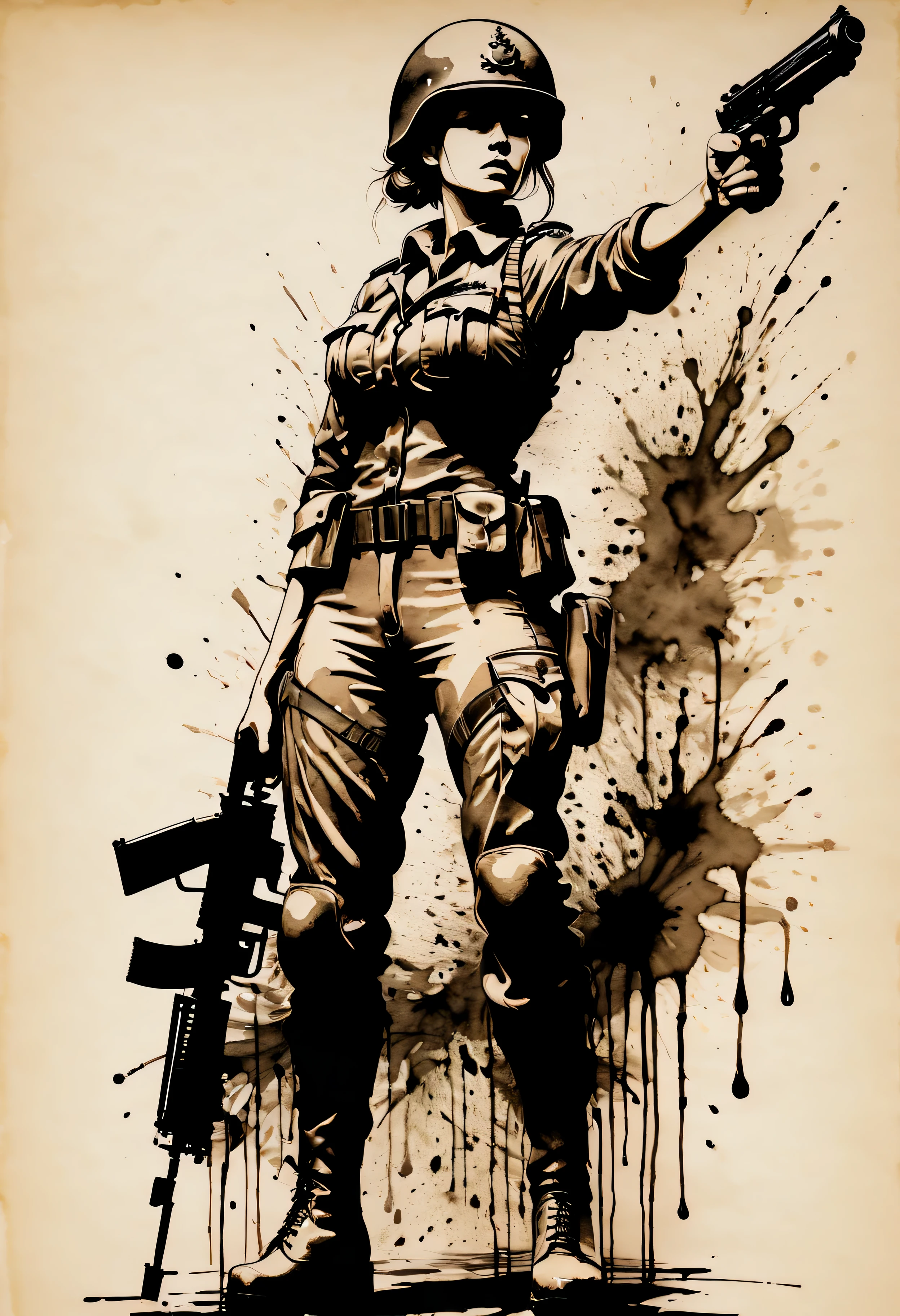 ((Violent_expression:1.2), ((Female Soldier):1.2), ((Hourglass_figure):1.1). ((rifle with bayonet):1.1), | Outlined in black ink, the figure is depicted with smooth lines, expressing emotions and posture through the contrast of ink density. The background is minimalist, emphasizing light, shadow, and spatial perception.