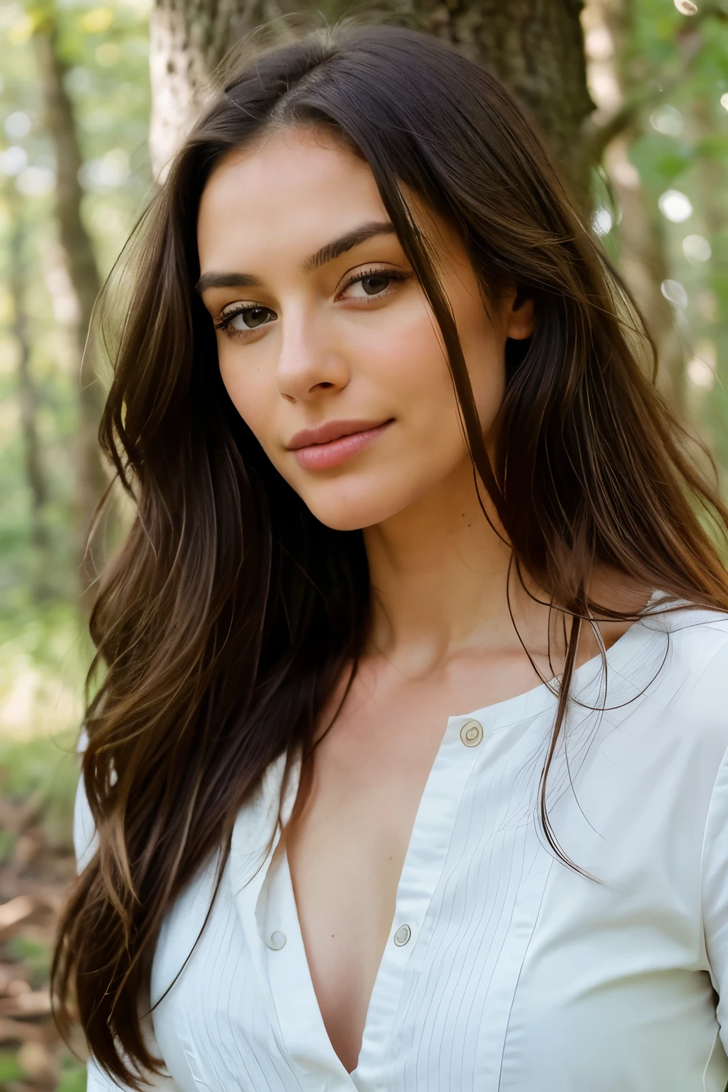 Long-haired brunette aged 31 (Leaning against a tree in a forest, sunlight filtering through her hair), Very detailed, Innocent face, natural wavy hair, brown eyes, High resolution, Masterpiece, Best quality, Intricate details, highly detailed, Sharp focus, Detailed skin, Realistic skin texture, Texture, Detailed eyes, Professional, 4K, Charming smile, Filmed with Canon, 85mm, Shallow depth of field, Kodak Vision Color, Perfectly fitted dress, Extremely detailed, Photorealistic, Realistic, Post-processing, Maximum details, Roughness, Real life, Ultra