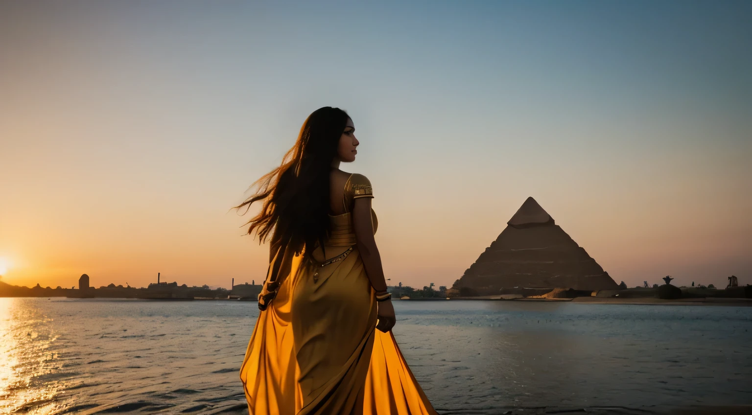 Cleopatra Sunset on the Nile Cleopatra, decorated with royal, Floor-length linen dress with gold and lapis lazuli details, Standing by the Nile. Her hair was paired with traditional Egyptian jewelry,Elegant shape, Includes symbolic crown.
Stunning sunset over the Nile in the background, The pyramids of Giza are silhouetted against a golden sky. Cleopatra stares at the horizon, Her expression is thoughtful, Reflecting the prosperity and cultural richness of her reign.