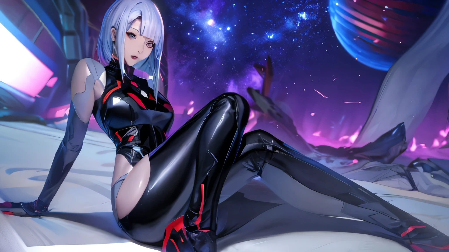 anime girl in black leather outfit sitting on the ground, girl in space, portrait anime space cadet girl, “ femme on a galactic shore, cyborg goddess in cosmos, powerful woman sitting in space, scifi woman, near a galaxy, smooth anime cg art, perfect android girl, mass effect fantasy, mass effect style, beautiful female android!, android heroine, queen of the galaxy