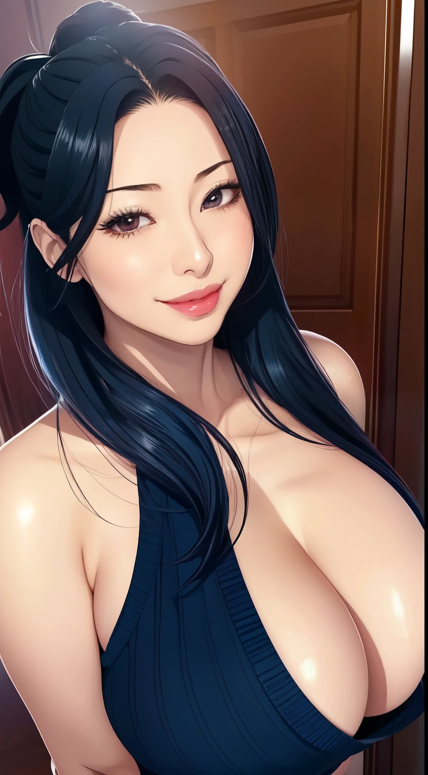 Joshiochi,1 girl,long hair,dark blue hair,bangs,ponytail,swollen lips,painted lips, thick lips,reveal cleavage, erotic, smile,Hitomi Tanaka's chest,huge breasts,sister,sweater,30 years old,Sweat,shiny skin