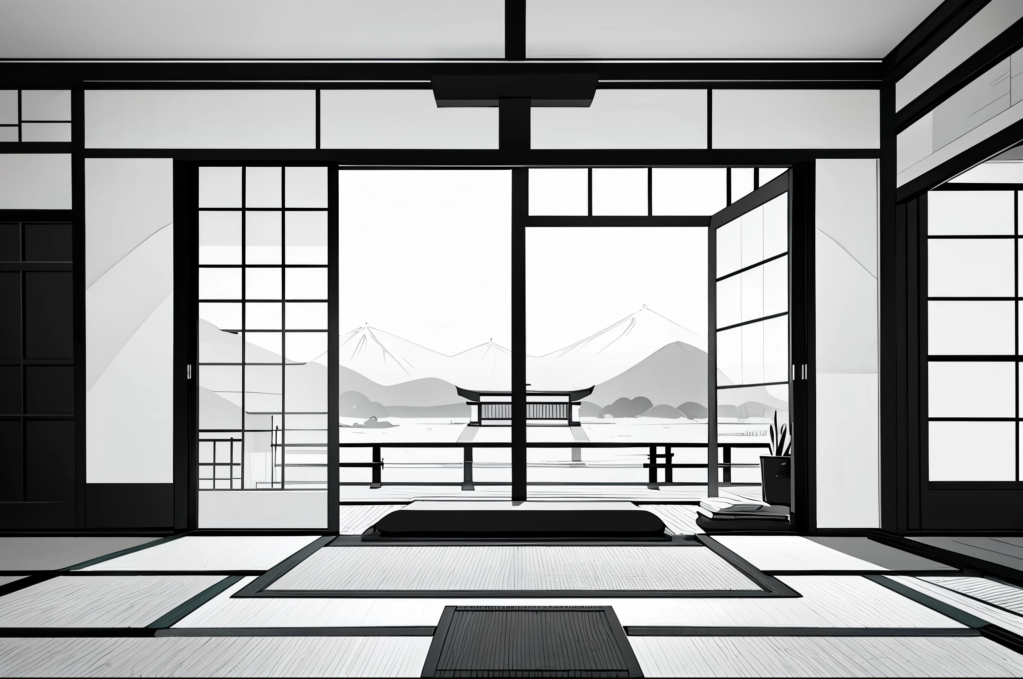 dojo, black and white style, sword stand in the center of the training room, Japanese style