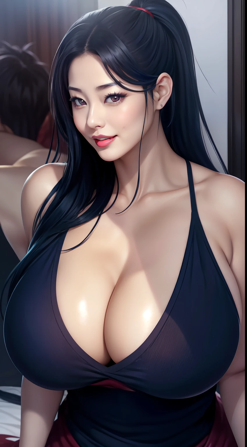 Doomsday Harem,1 girl,long hair,dark blue hair,bangs,ponytail,swollen lips,painted lips, thick lips,reveal cleavage, erotic, smile,Hitomi Tanaka's chest,huge breasts,sister,sweater,30 years old,Sweat,shiny skin