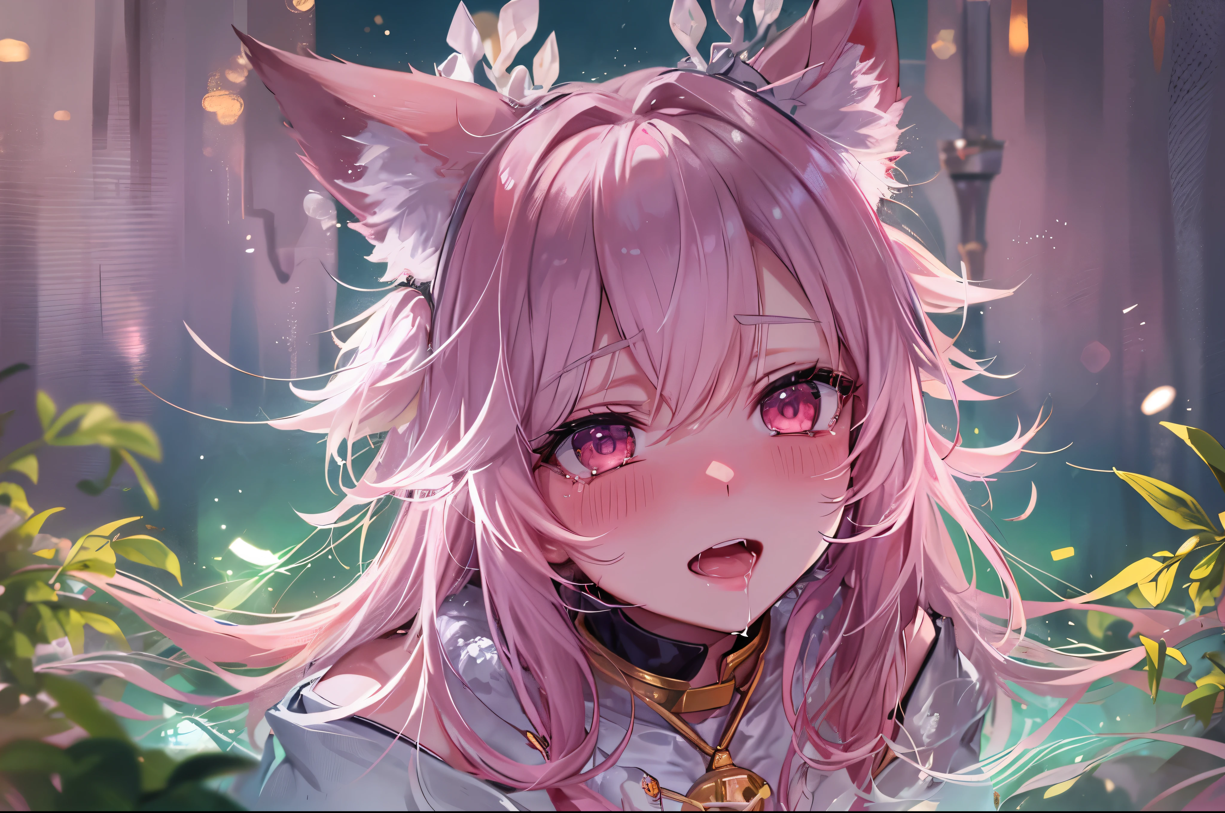 hairy, Pink fur, Off-the-shoulder white translucent morning dress, sit on the grass, Cherry blossom forest background, gold slit pupil, blushing:1, hair between eyes, pink hair, gradient hair, hair past shoulders, wet hair, shiny hair, bell, trumpet, forehead gem, lolitahairband, eye reflex, shed tears, slit pupil, fox ears, wolf ears, Awkward, blush, saliva, full blush, panicked, despair, full-face blush, realism, 超realism, Ray tracing, reflected light, backlight, Fuji color, Bokeh, ultra high definition, retina, anatomically correct, Super details, best quality, high resolution