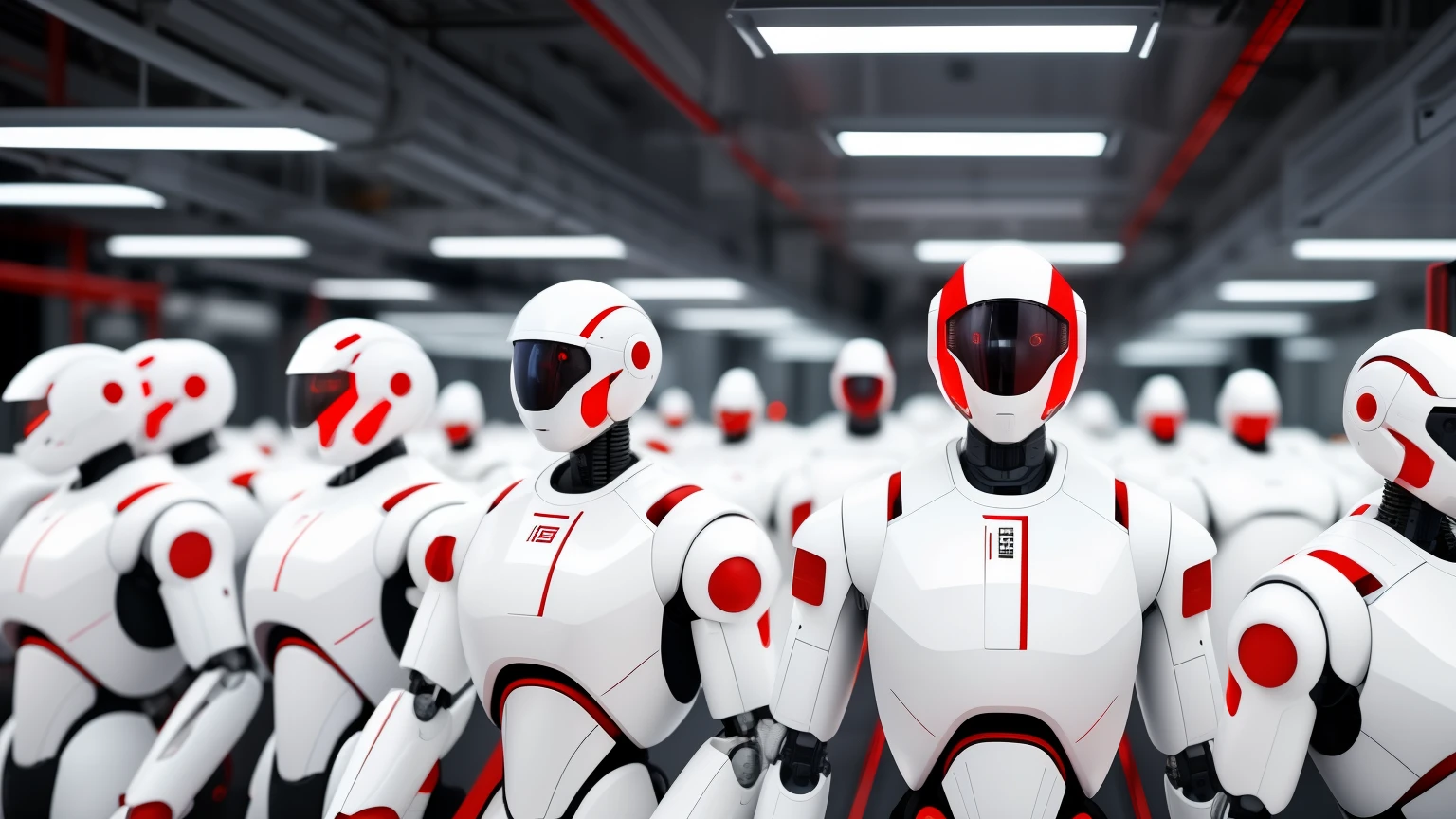 white future technology, white background, a row of men
robot, red