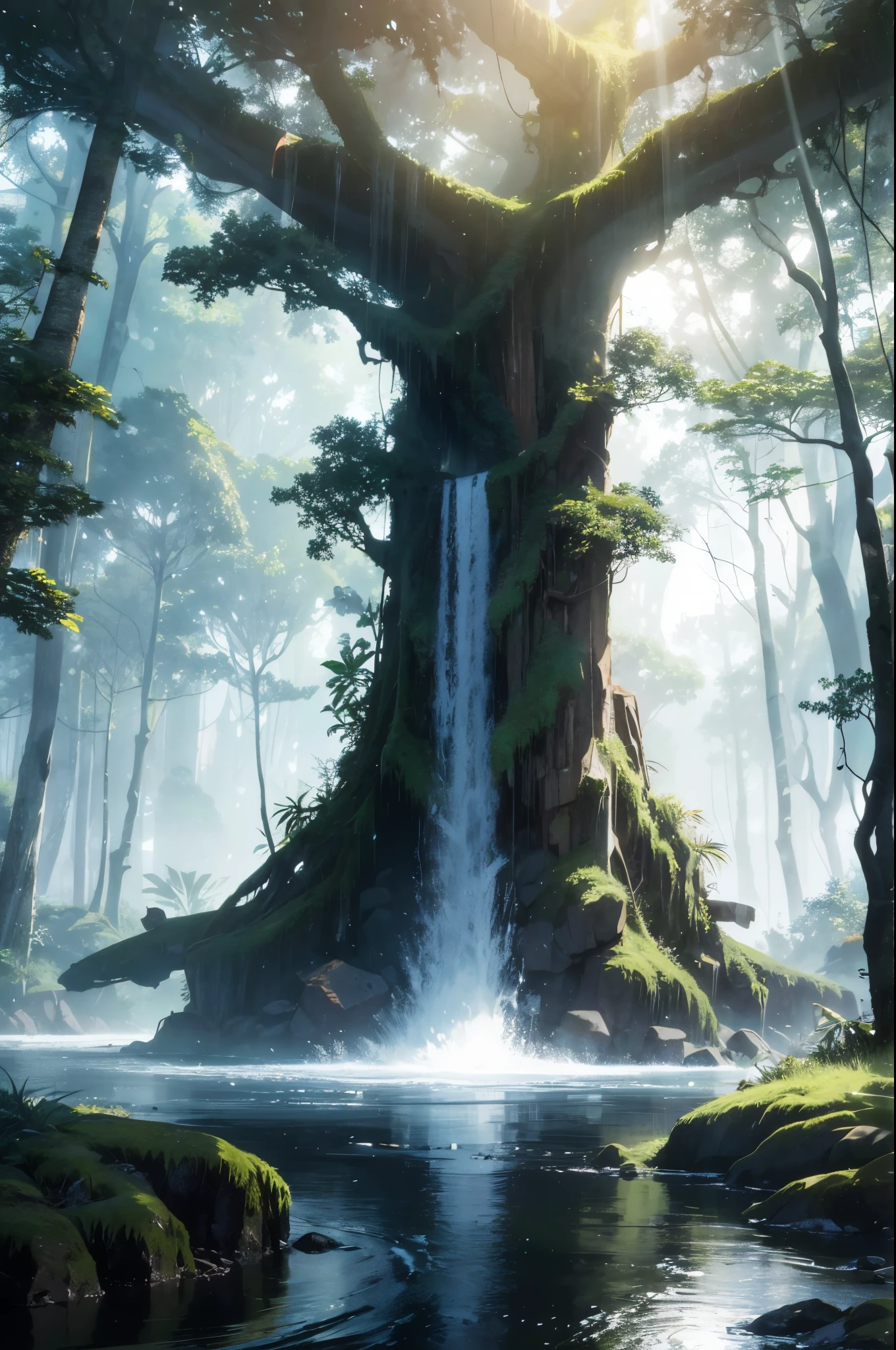 res, ultra detailed, (no human:1.3), BREAK , Create an image using a dark rainbow prism effect, with light refracting and creating ethereal cinematic appearance. BREAK , Design an image with a cinematic lens , capturing a wide field of view with a distinctive, curved perspective. BREAK , Capture a wide river,dense rainforest , with aged thick trees, rocks, waterfall,trees with colorful flowers,dappled sunlight, and a sense of tranquility and natural beauty. BREAK , Illustrate a rainforest world, using only godray shades of nature to convey depth, emotion, and a striking visual impact